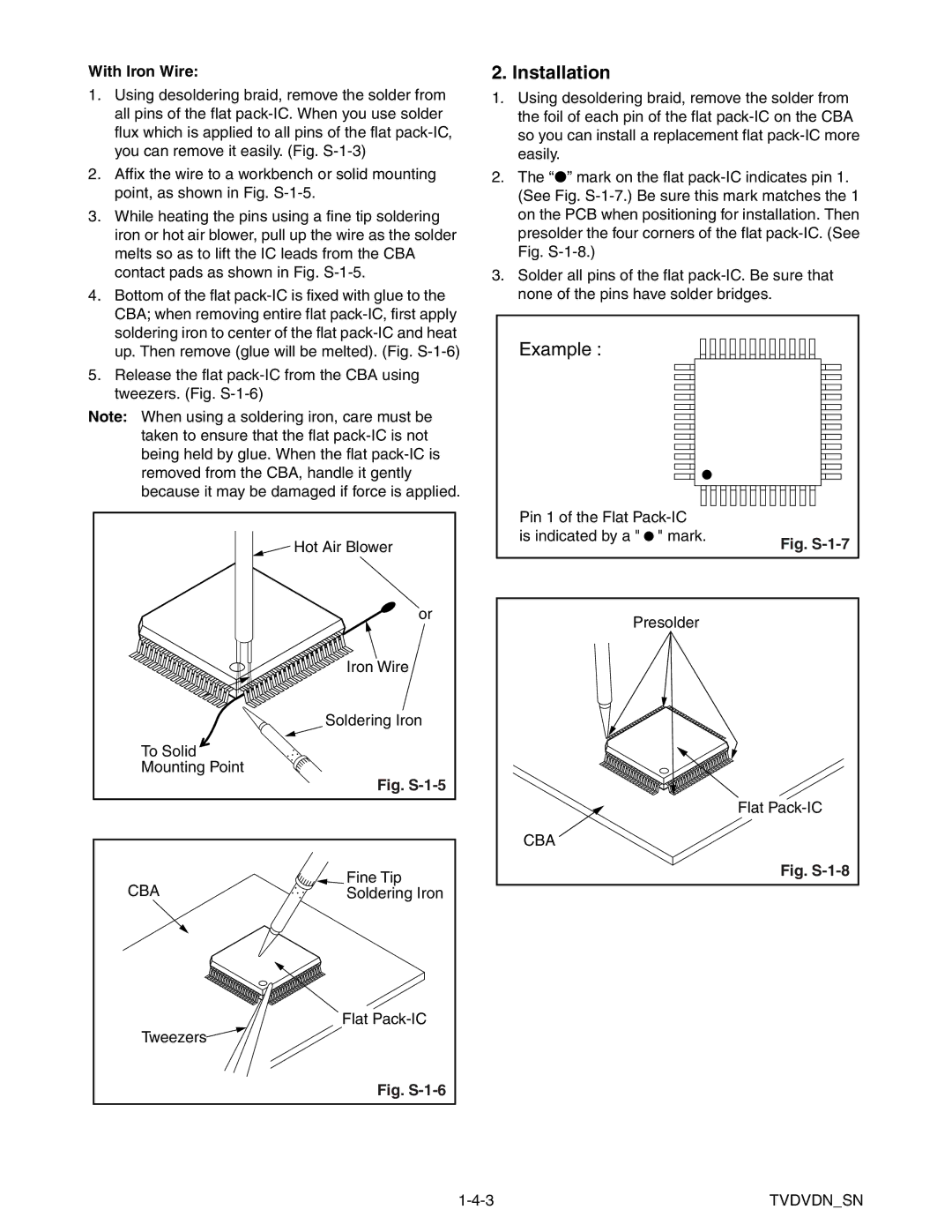 Magnavox MWC24T5 service manual Installation, With Iron Wire, Pin 1 of the Flat Pack-IC Is indicated by a mark, Presolder 