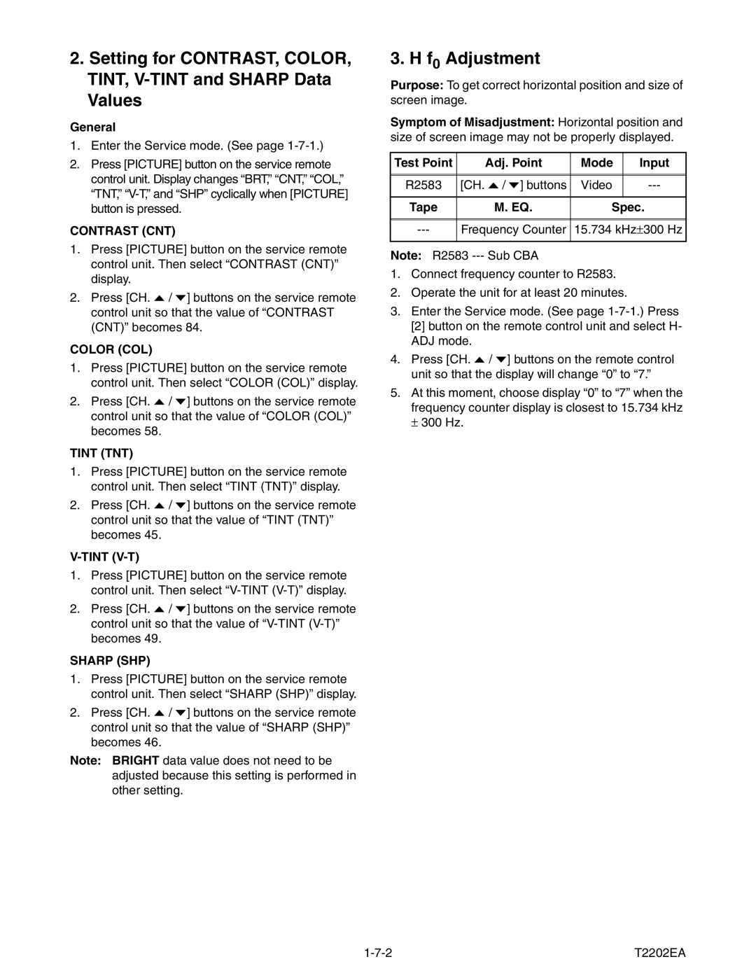 Magnavox MWC24T5 service manual F0 Adjustment, General, R2583 CH. o / p buttons Video 