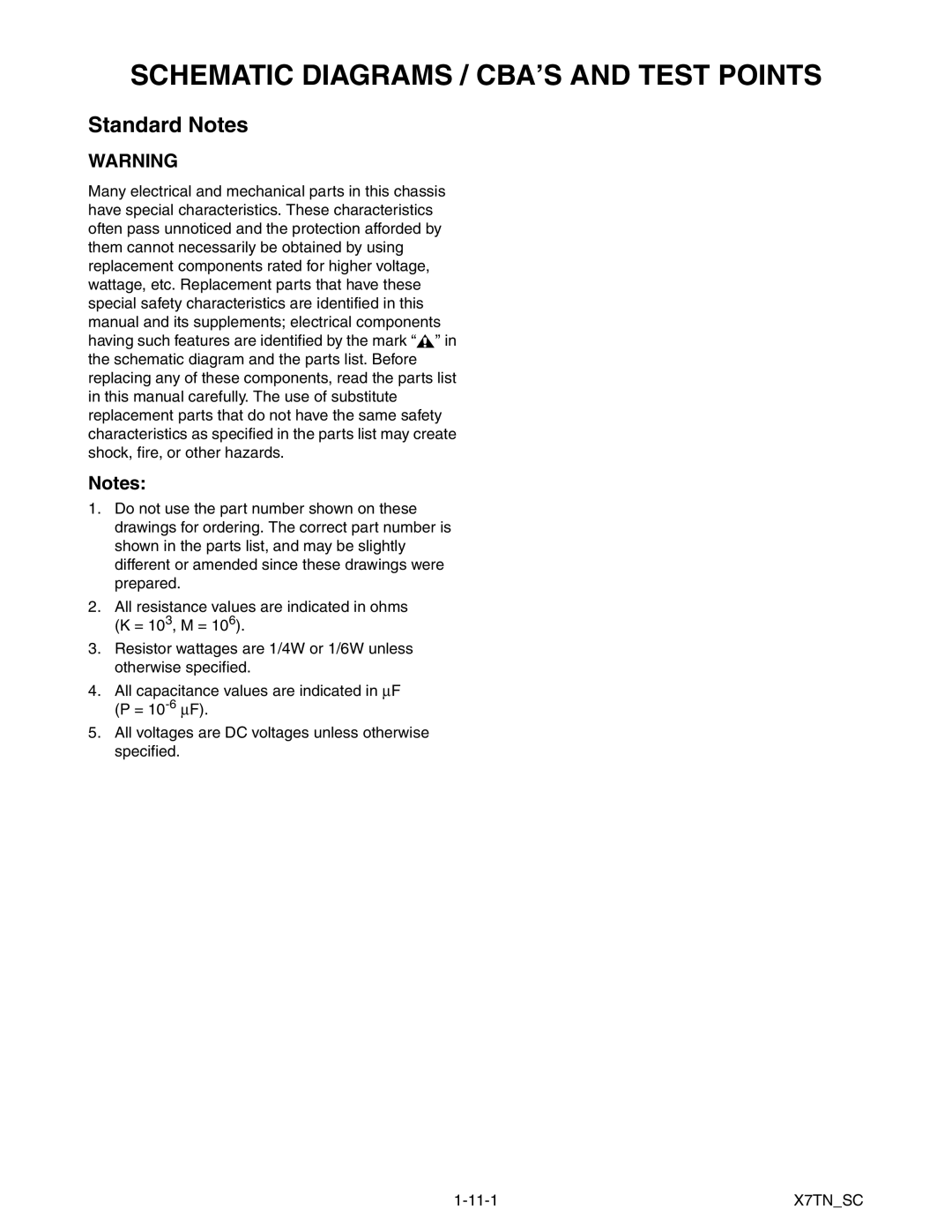 Magnavox MWC24T5 service manual Schematic Diagrams / CBA’S and Test Points, Standard Notes, X7TNSC 