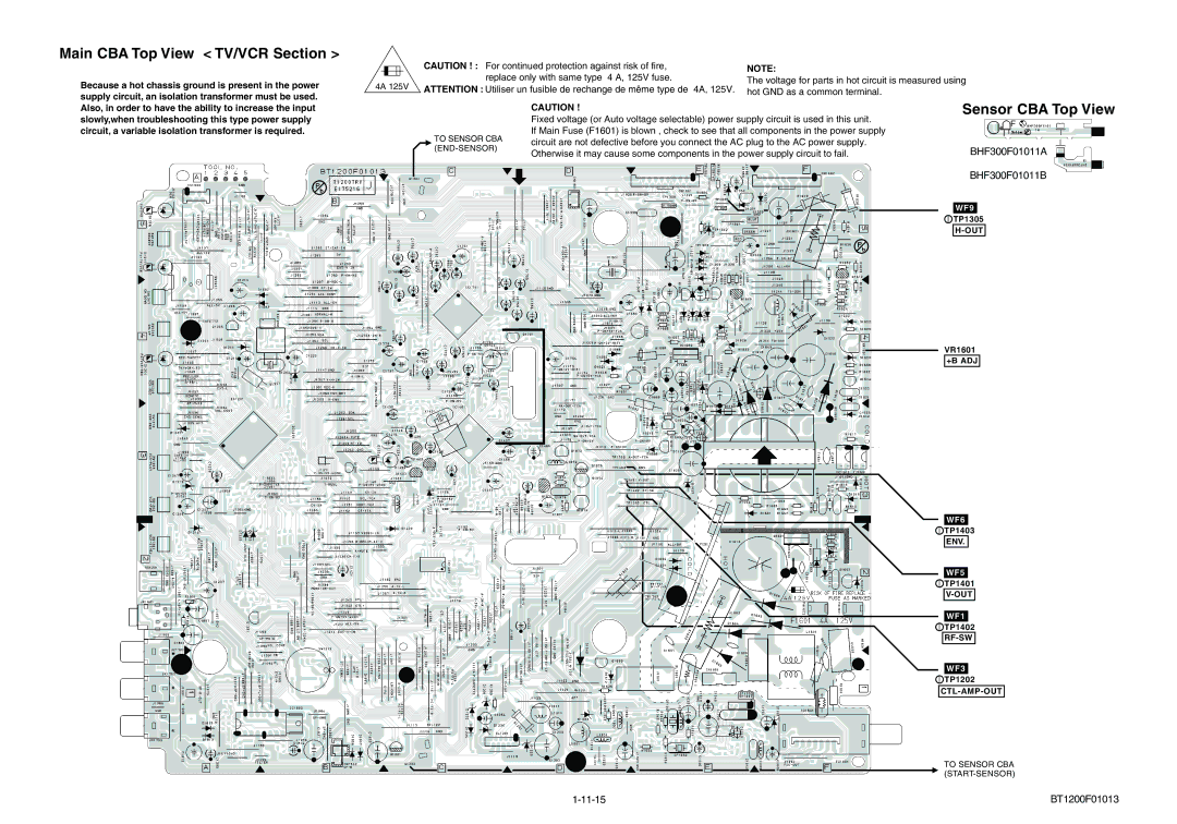 Magnavox MWC24T5 service manual Main CBA Top View TV/VCR Section, BHF300F01011A, BHF300F01011B, 11-15 BT1200F01013 