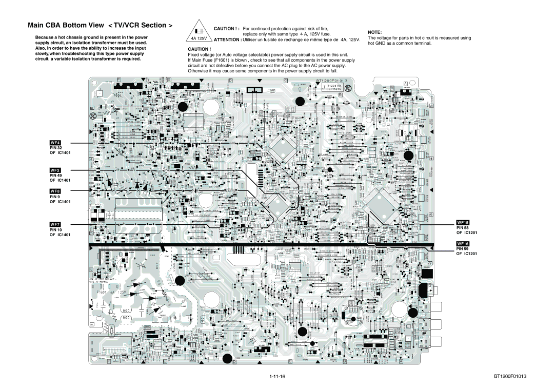 Magnavox MWC24T5 service manual Main CBA Bottom View TV/VCR Section, 11-16 BT1200F01013 