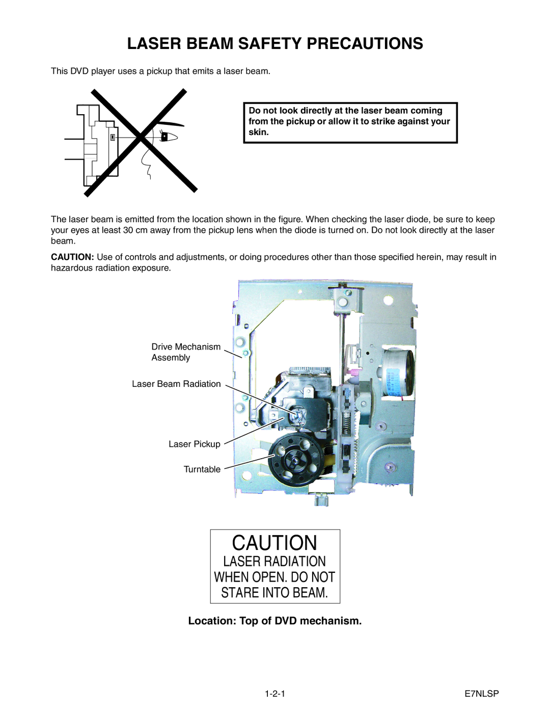 Magnavox MWC24T5 service manual Laser Beam Safety Precautions, Location Top of DVD mechanism, E7NLSP 