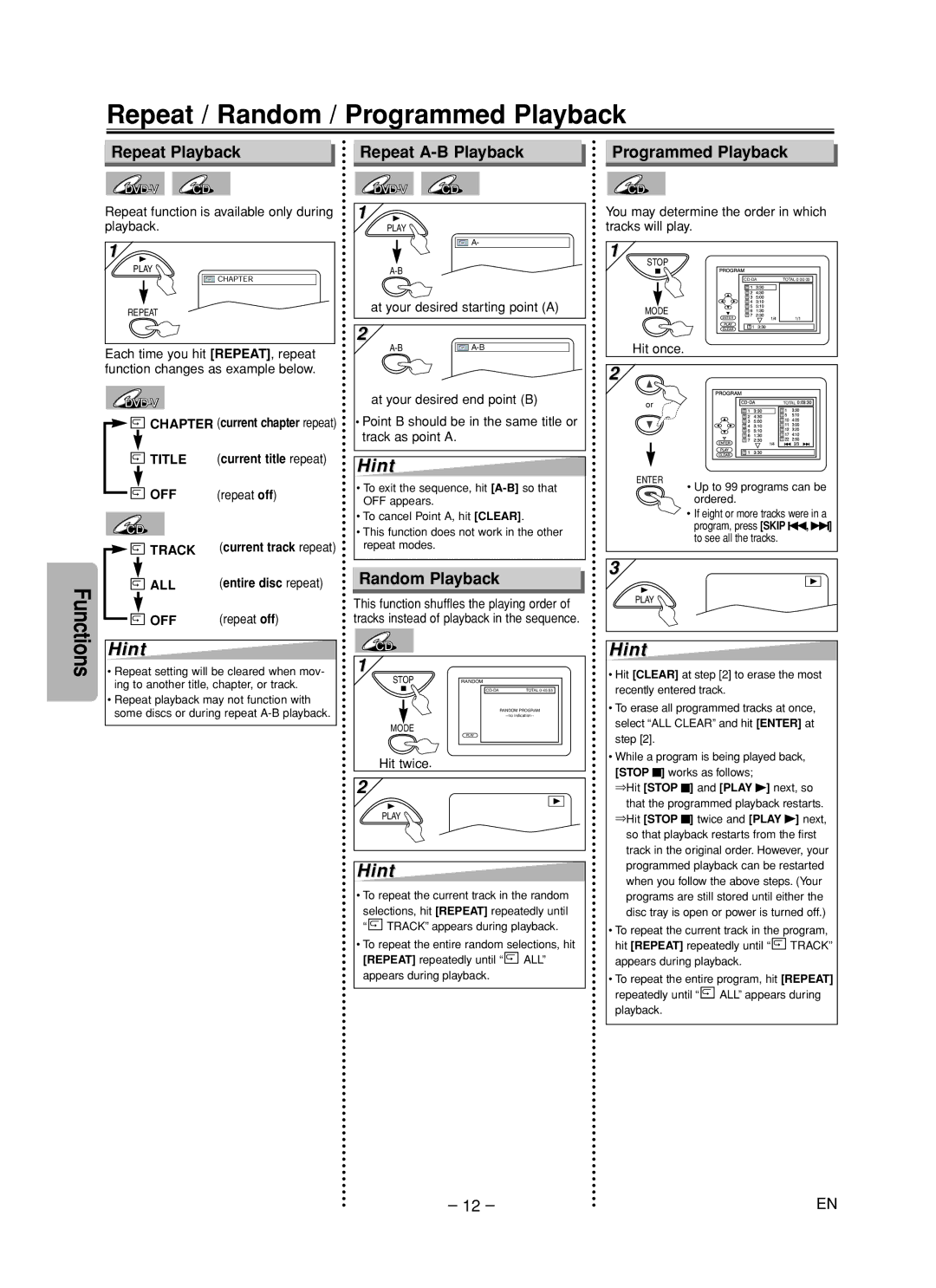 Magnavox MWD200F Repeat / Random / Programmed Playback, Repeat Playback Repeat A-B Playback, Random Playback, Repeat off 