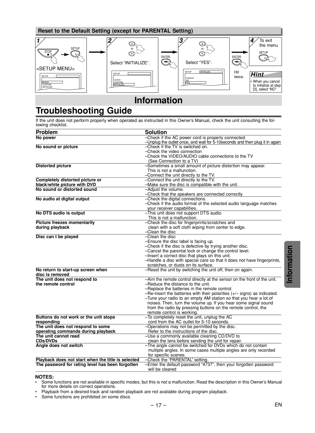 Magnavox MWD200F owner manual Information Troubleshooting Guide, Reset to the Default Setting except for Parental Setting 