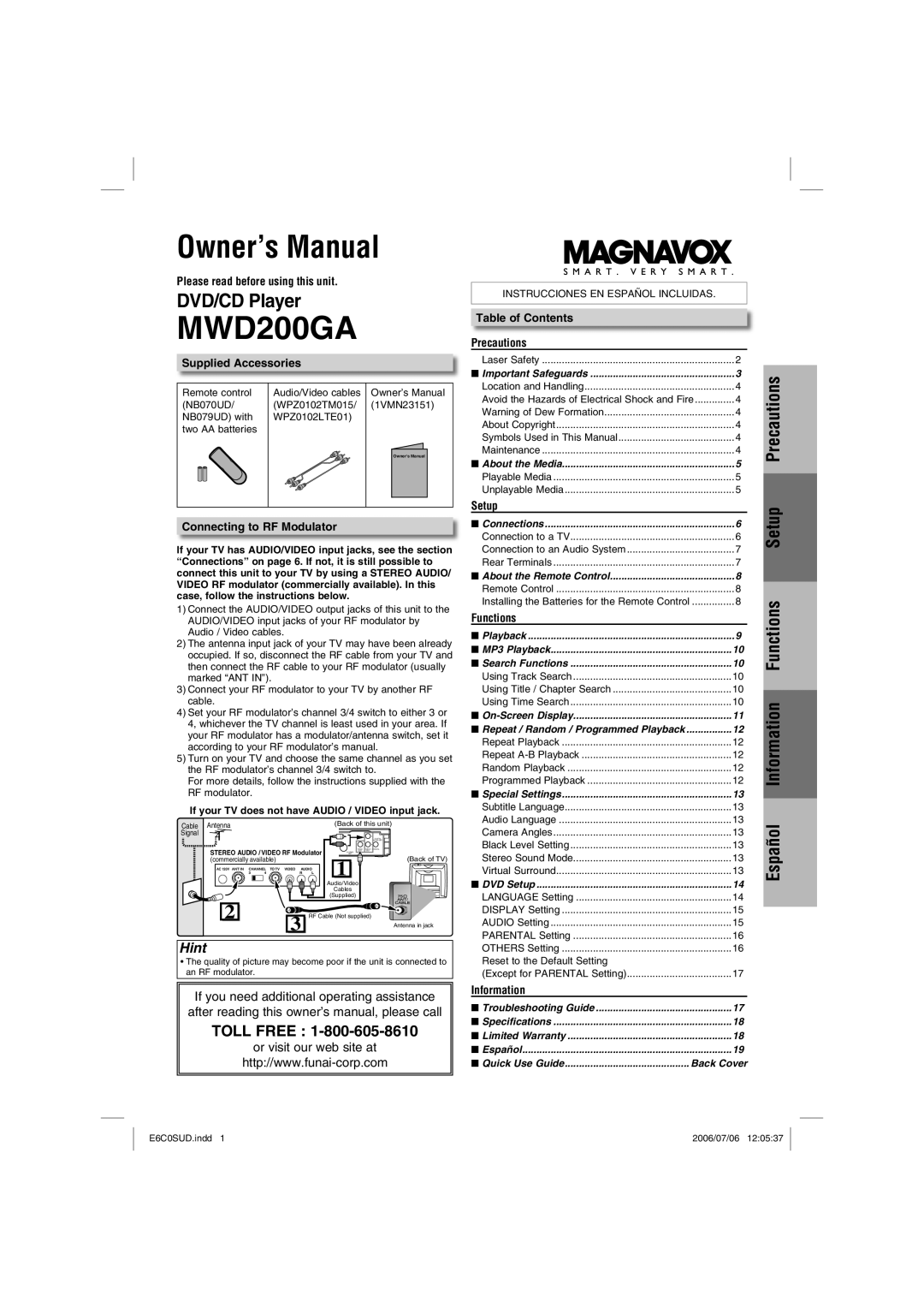 Magnavox MWD200GA owner manual Please read before using this unit, Supplied Accessories, Connecting to RF Modulator, Setup 