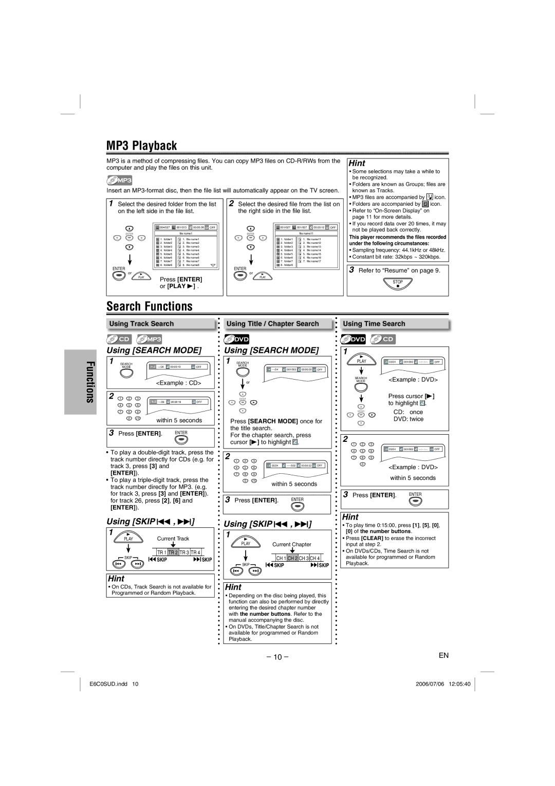 Magnavox MWD200GA owner manual MP3 Playback, Search Functions, Enter, Press Search Mode once for the title search 