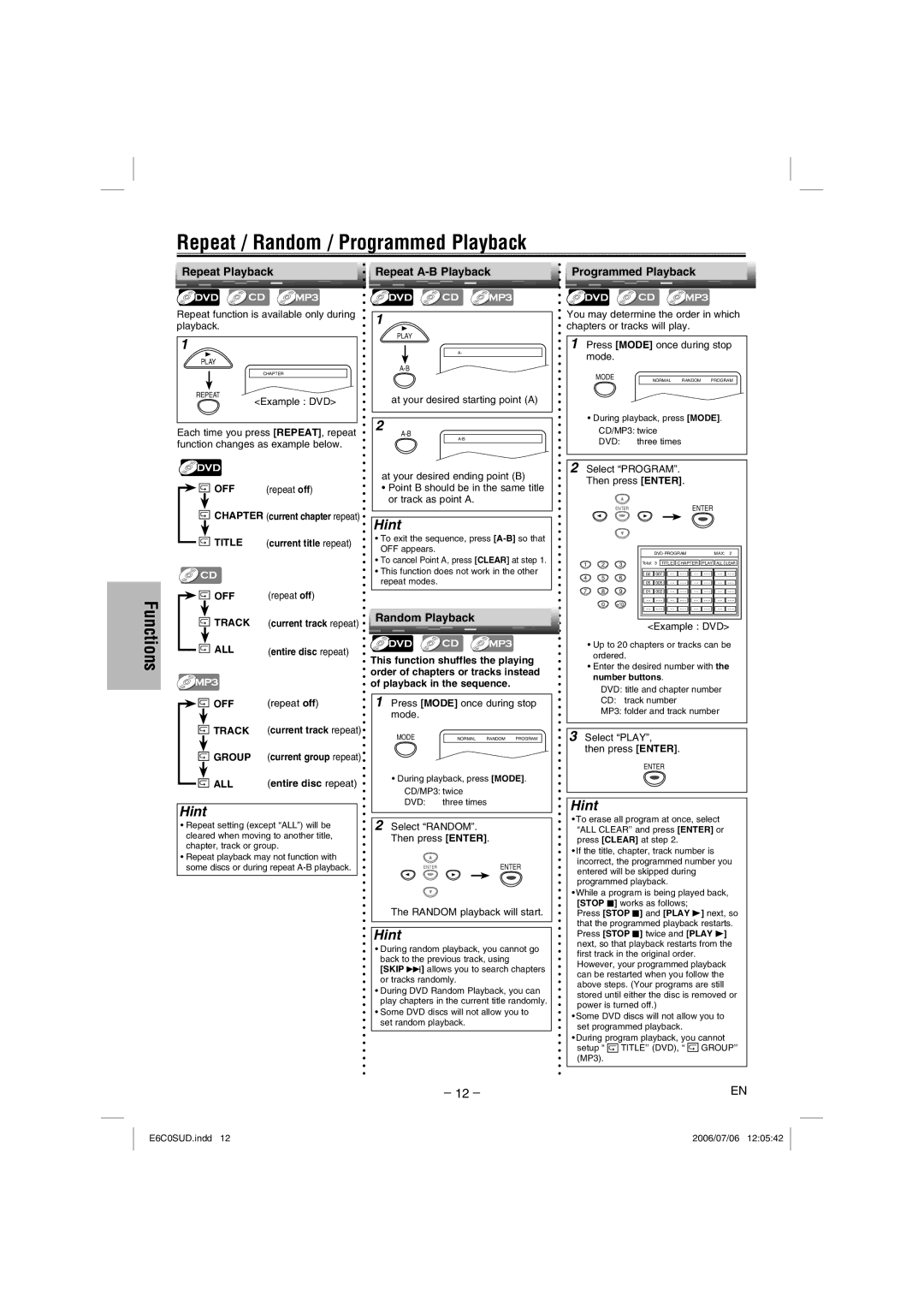 Magnavox MWD200GA owner manual Repeat / Random / Programmed Playback, Repeat Playback, Repeat A-B Playback, Random Playback 