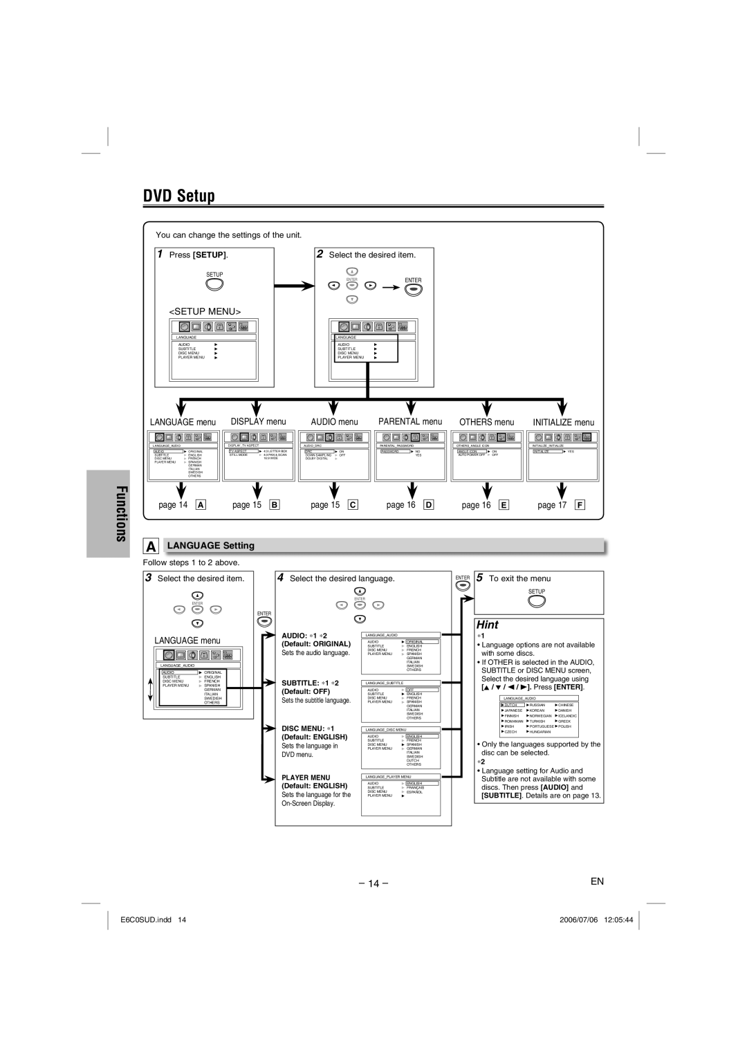 Magnavox MWD200GA owner manual DVD Setup, Language Setting, 16 E 17 F 