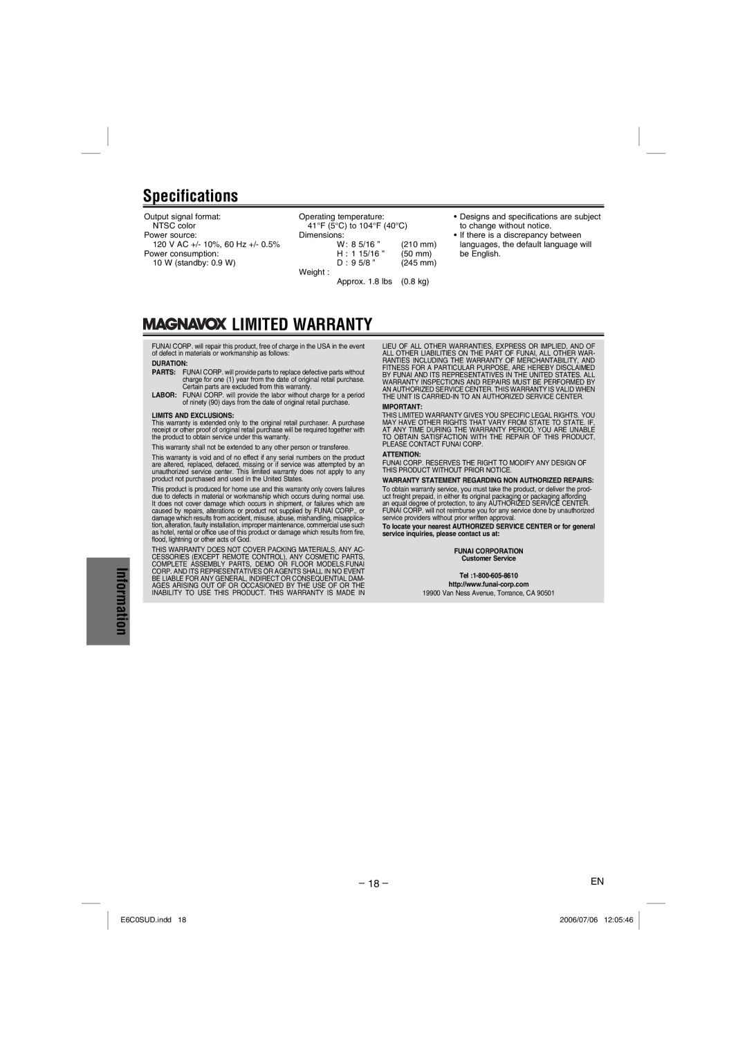 Magnavox MWD200GA owner manual Specifications, Output signal format Operating temperature 