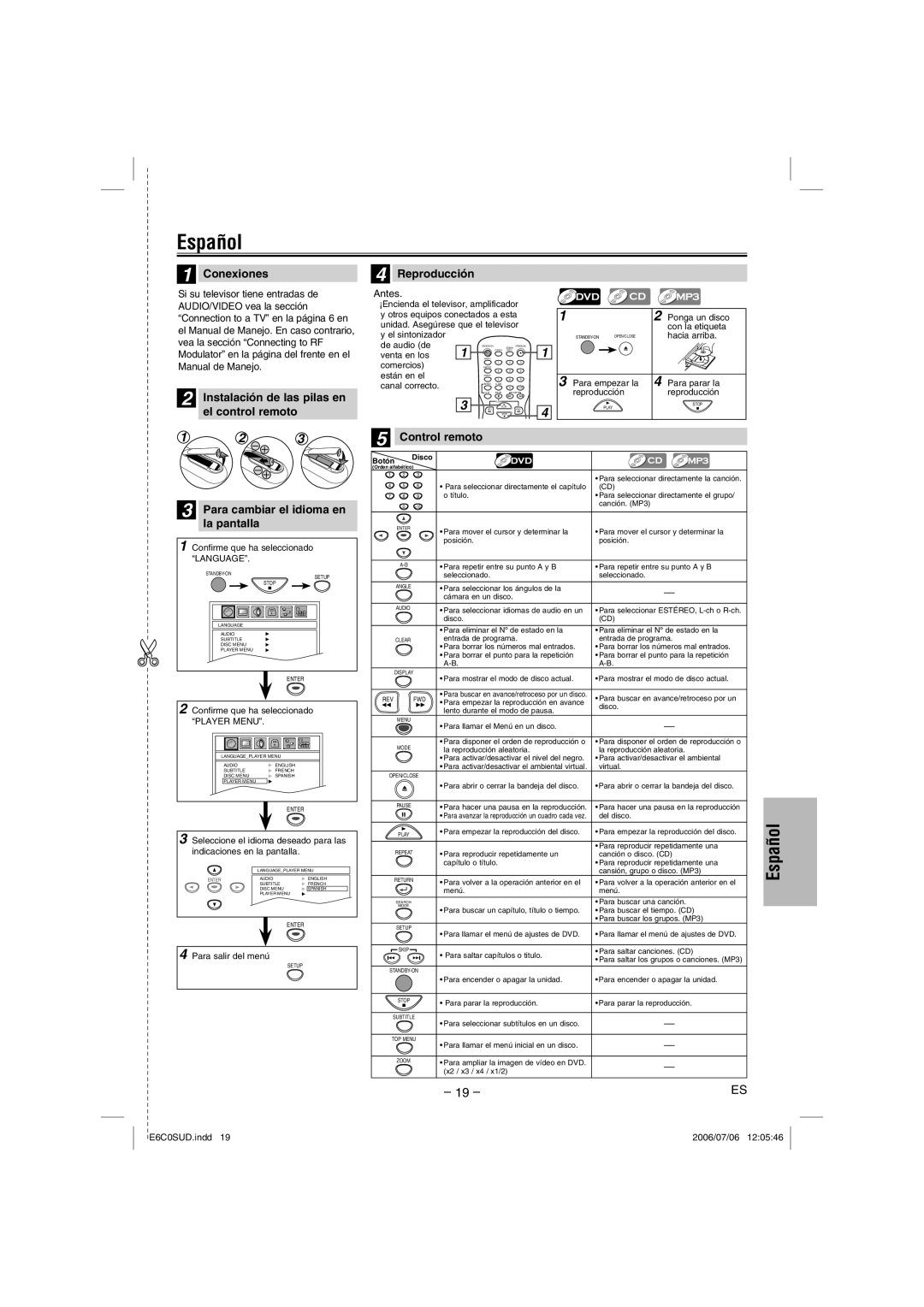 Magnavox MWD200GA owner manual Español, Conexiones, Reproducción, Control remoto, Para cambiar el idioma en la pantalla 