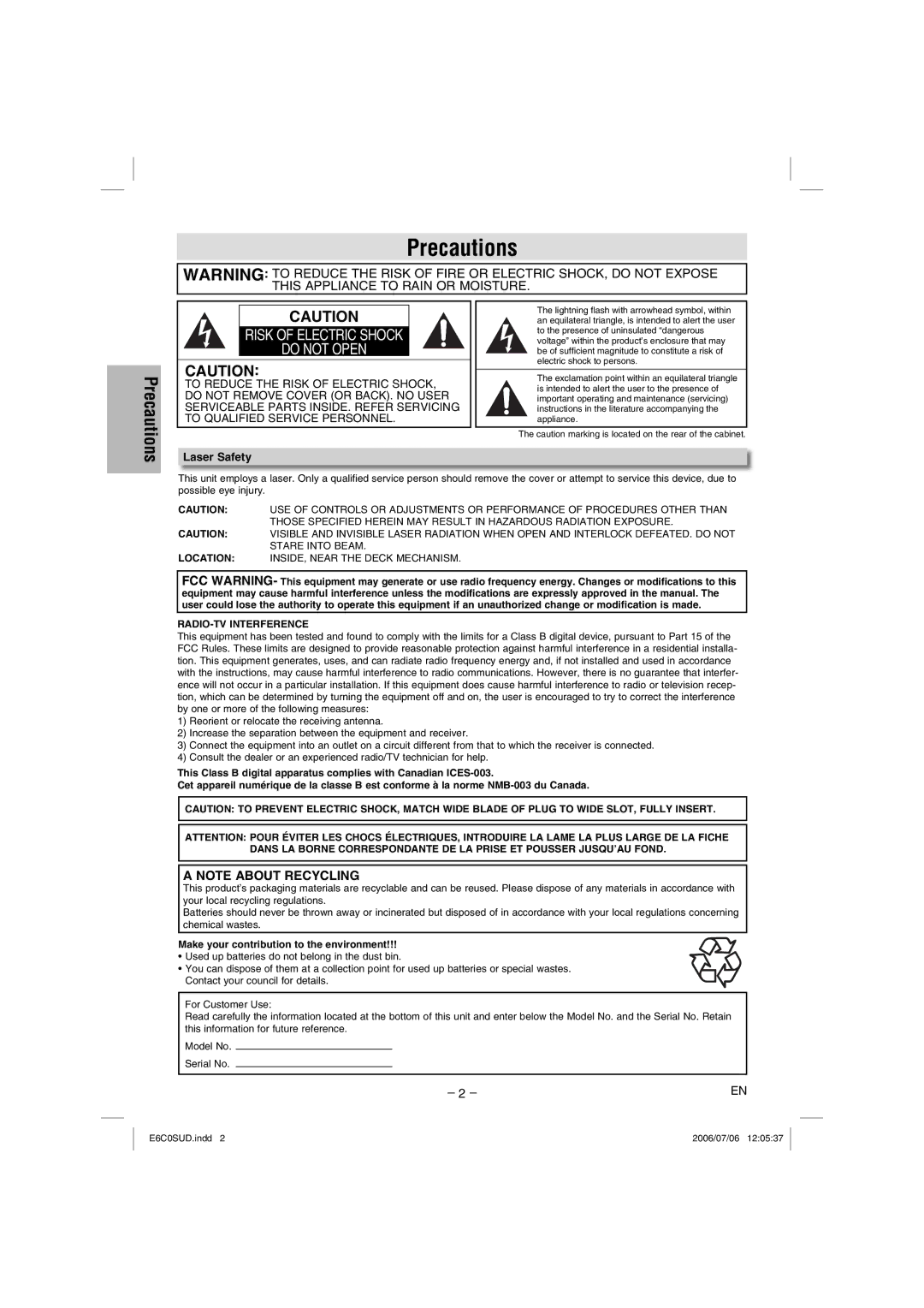 Magnavox MWD200GA owner manual Precautions, Laser Safety, RADIO-TV Interference, Make your contribution to the environment 