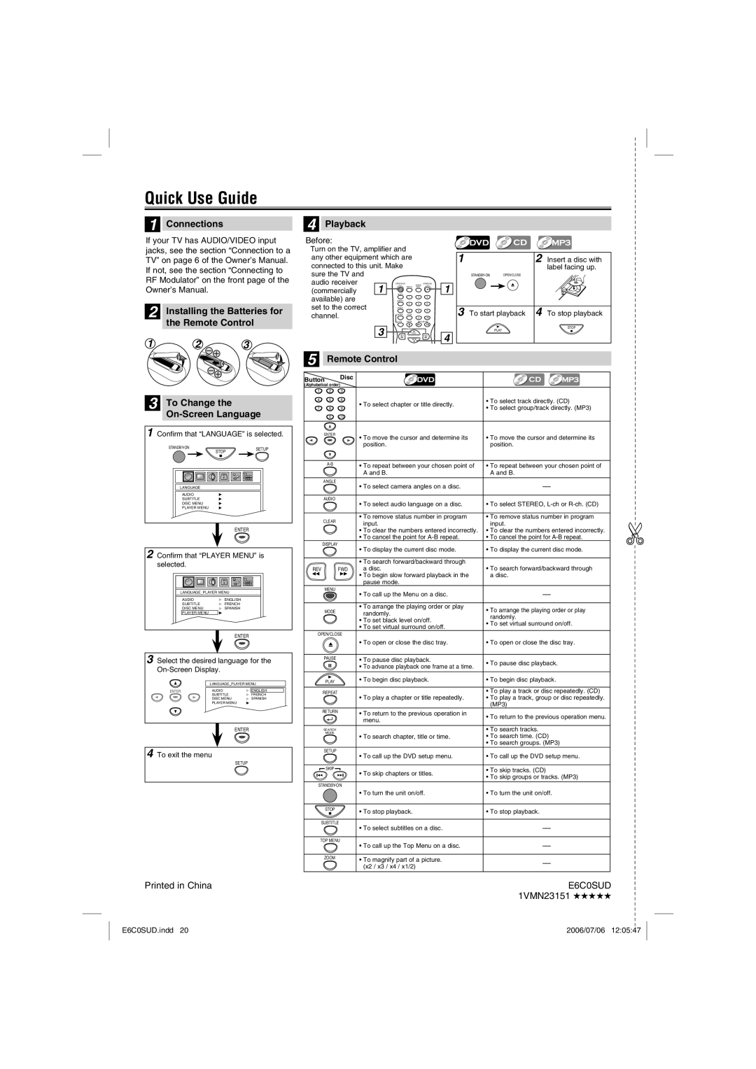 Magnavox MWD200GA owner manual Quick Use Guide, To Change the On-Screen Language, 1VMN23151, Before 