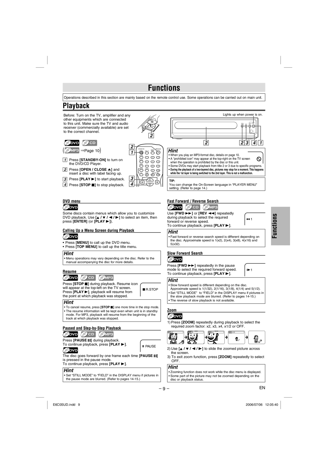 Magnavox MWD200GA owner manual Functions, Playback 