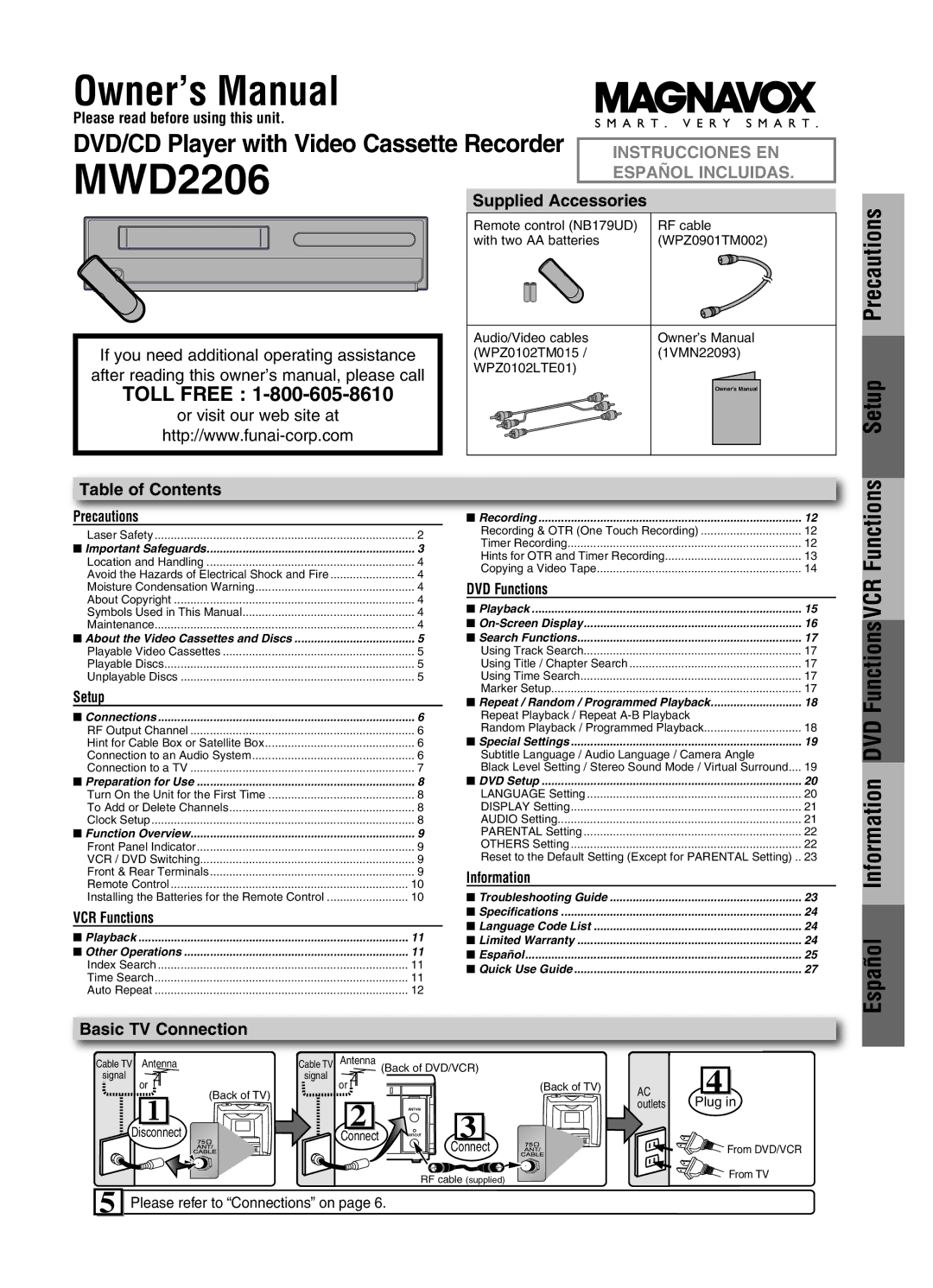 Magnavox MWD2206 owner manual Precautions, Setup, Supplied Accessories, Table of Contents, Basic TV Connection 