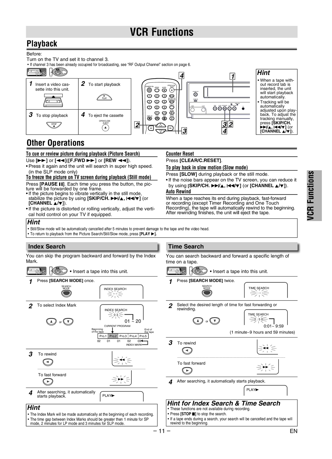 Magnavox MWD2206 owner manual VCR Functions, Playback, Other Operations, Hint for Index Search & Time Search 