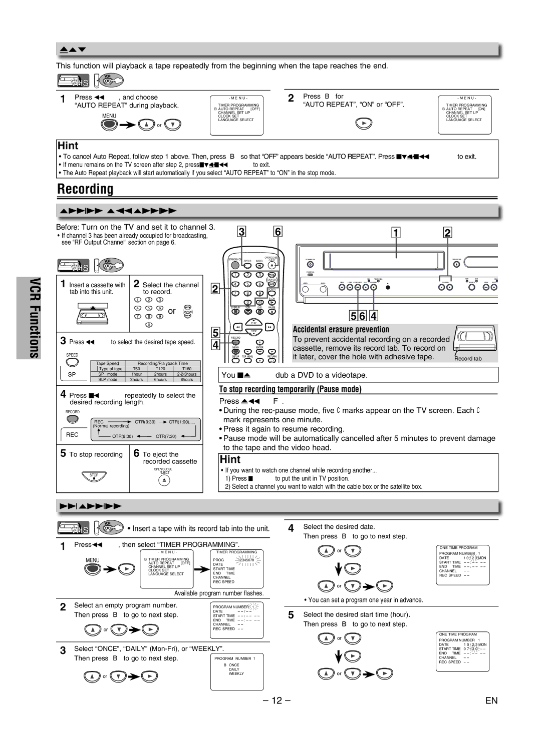 Magnavox MWD2206 owner manual Functions, Auto Repeat, Recording & OTR One Touch Recording, Timer Recording 