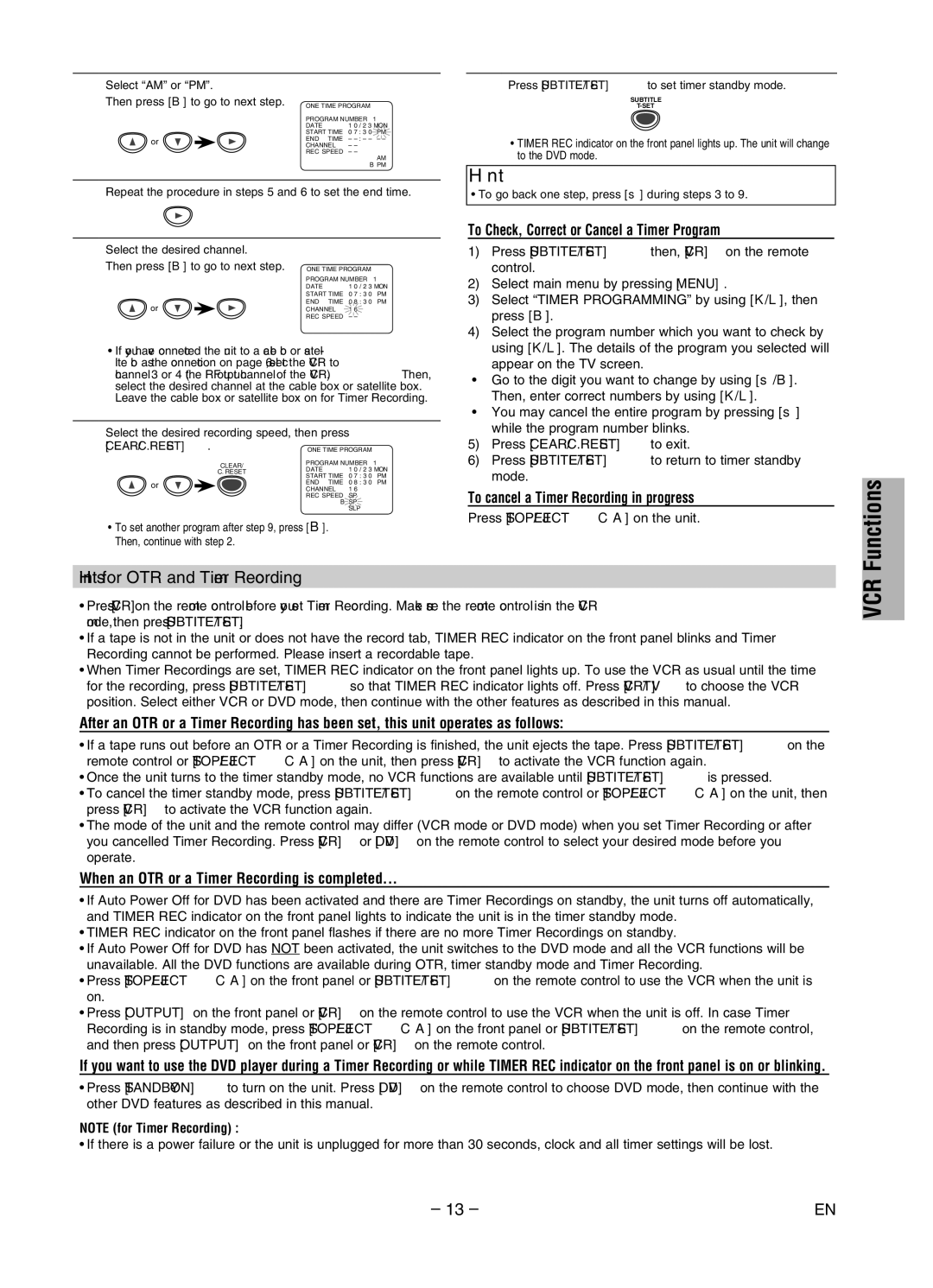 Magnavox MWD2206 owner manual Hints for OTR and Timer Recording, To Check, Correct or Cancel a Timer Program 