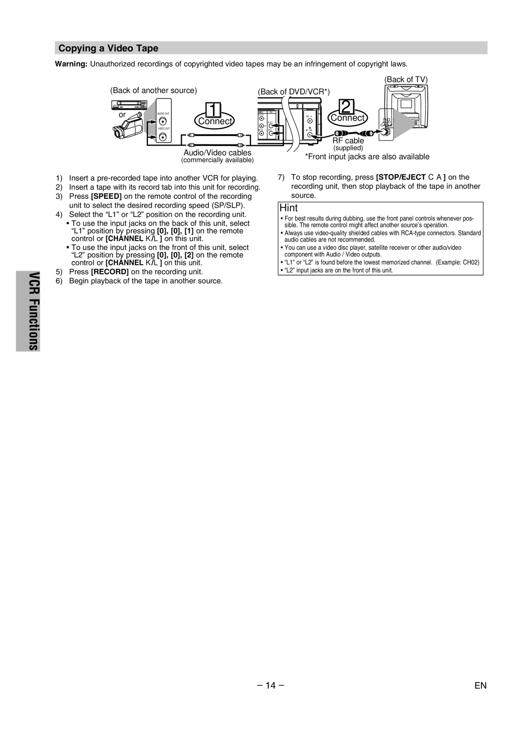 Magnavox MWD2206 owner manual Copying a Video Tape, Connect, Back of another source Back of DVD/VCR 