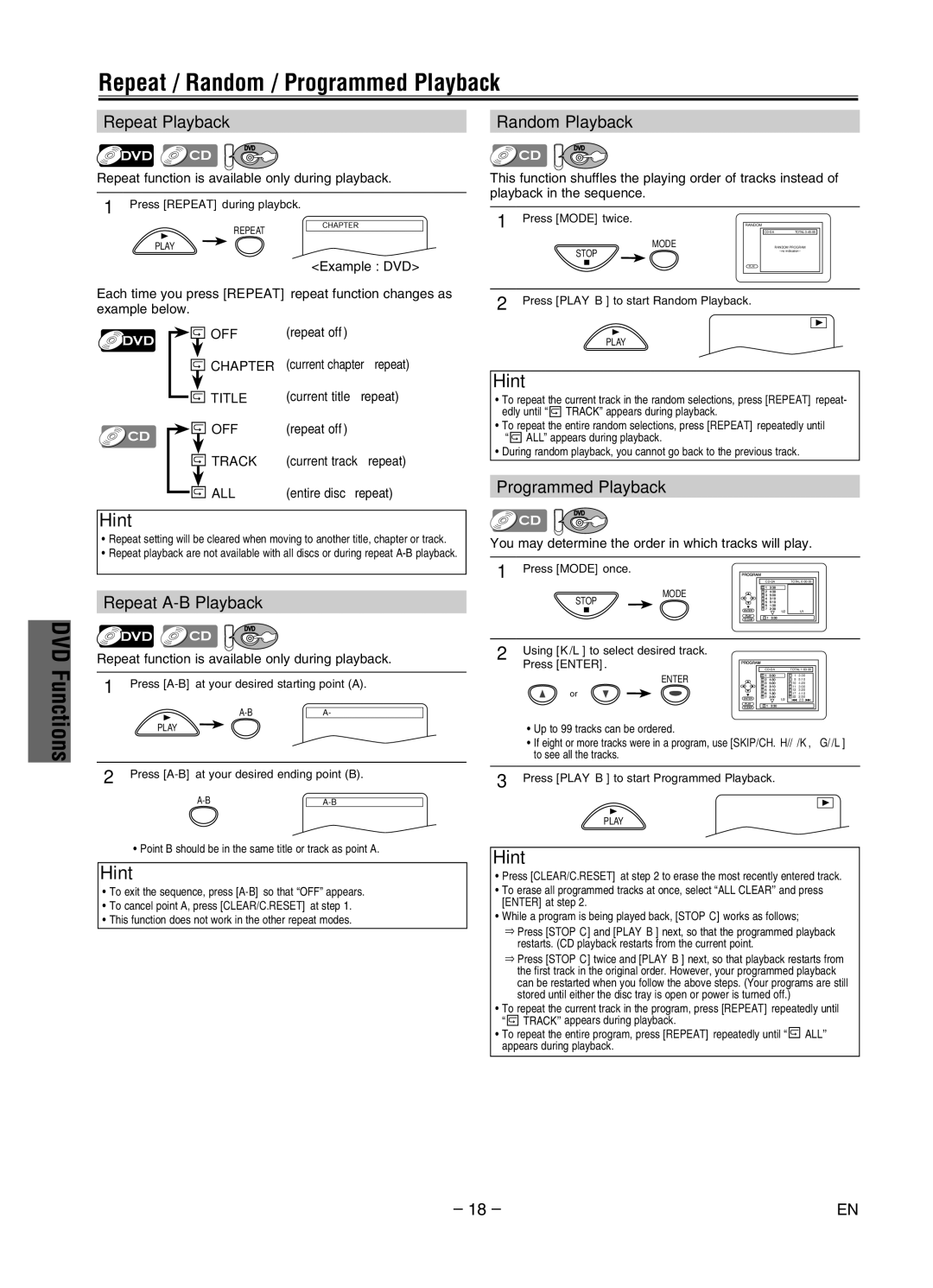 Magnavox MWD2206 owner manual Repeat / Random / Programmed Playback, Repeat Playback, Random Playback, Repeat A-B Playback 