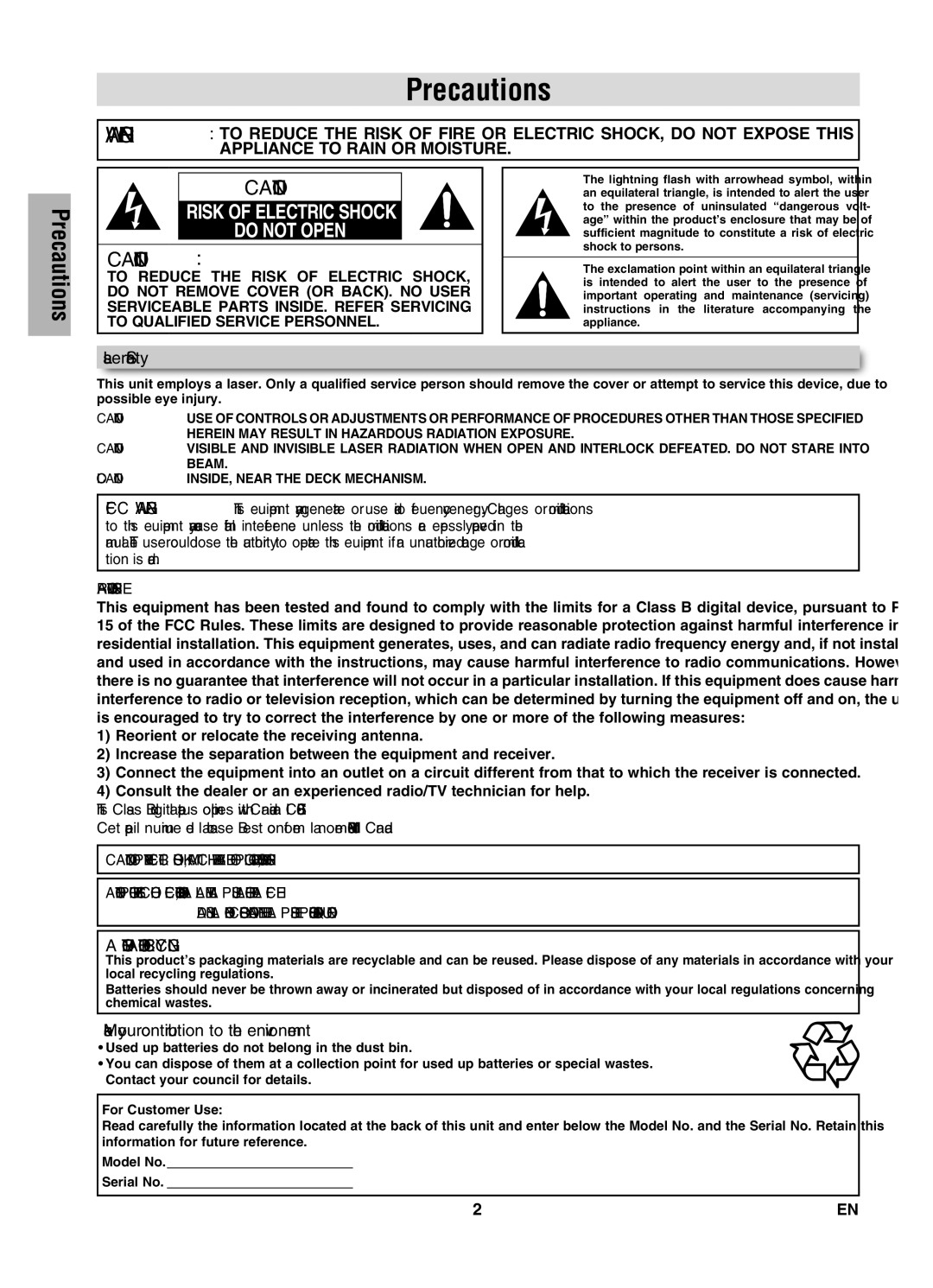 Magnavox MWD2206 owner manual Precautions, Laser Safety, Make your contribution to the environment 