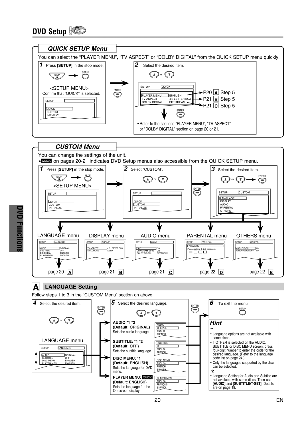 Magnavox MWD2206 owner manual DVD Setup DVD, Quick Setup Menu, Custom Menu, Language Setting 