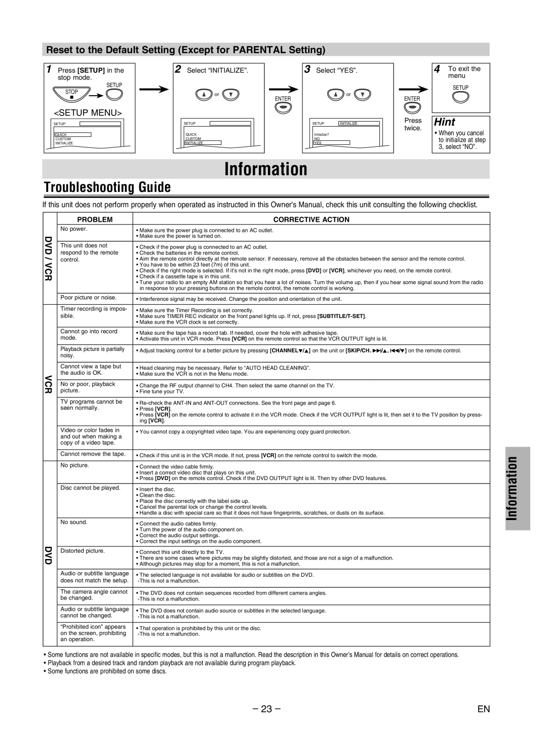 Magnavox MWD2206 owner manual Information, Troubleshooting Guide, Reset to the Default Setting Except for Parental Setting 