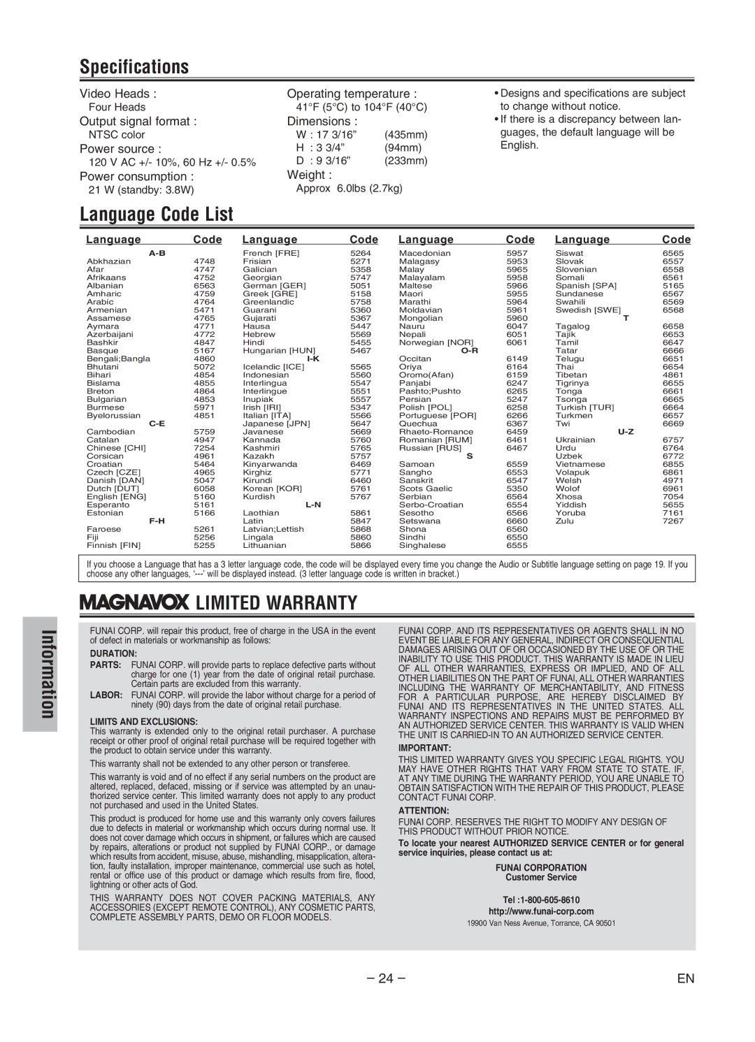 Magnavox MWD2206 owner manual Specifications, Language Code List 