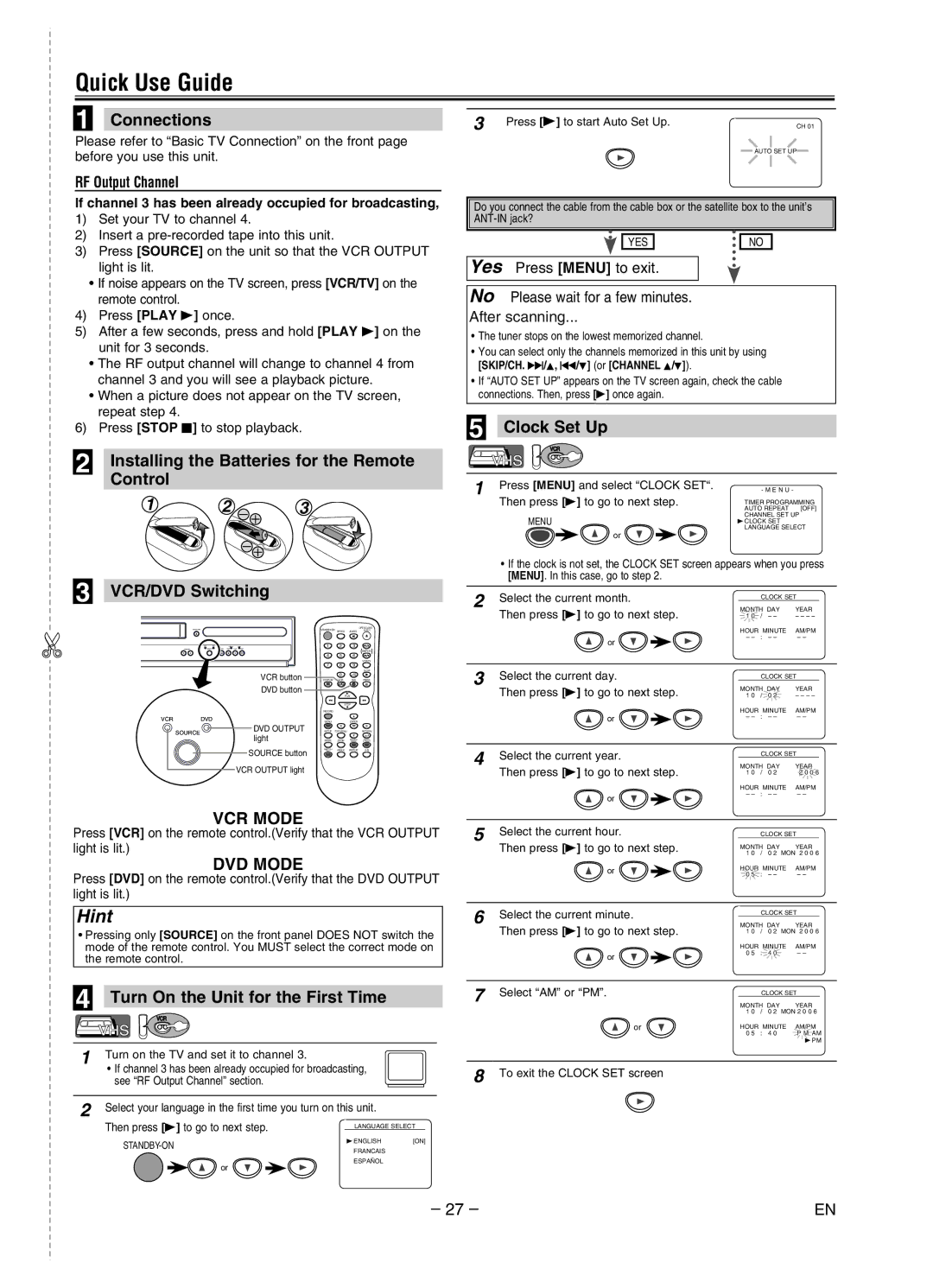 Magnavox MWD2206 Quick Use Guide, Connections, Installing the Batteries for the Remote, Control VCR/DVD Switching 