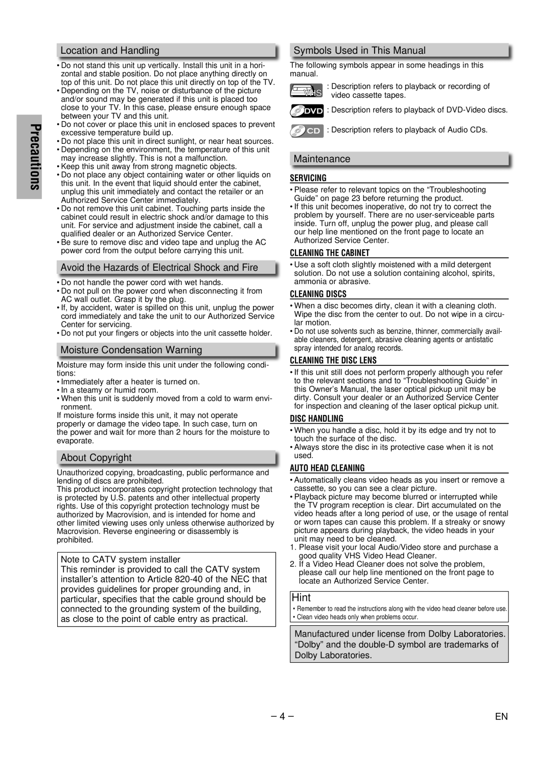 Magnavox MWD2206 Location and Handling, Avoid the Hazards of Electrical Shock and Fire, Moisture Condensation Warning 