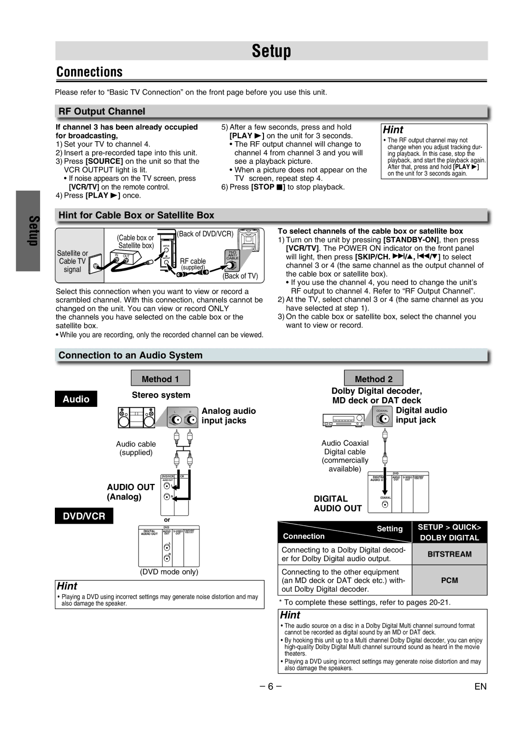 Magnavox MWD2206 owner manual Setup, Connections, Hint 