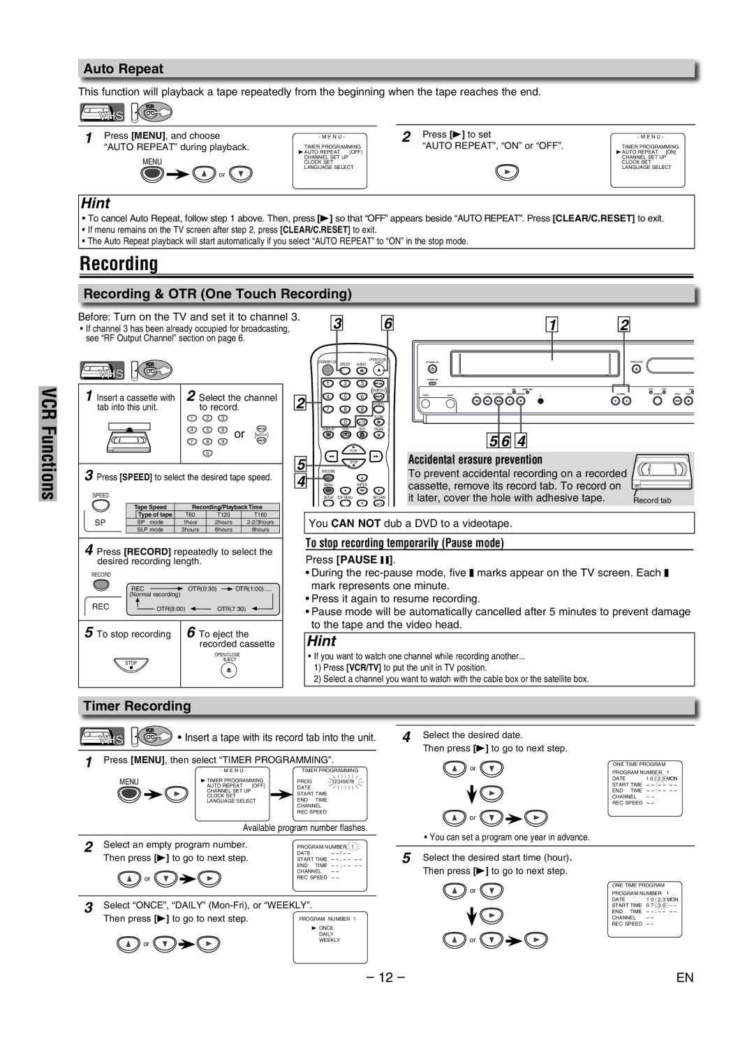 Magnavox MWD2206A owner manual Auto Repeat, Recording & OTR One Touch Recording, Timer Recording 