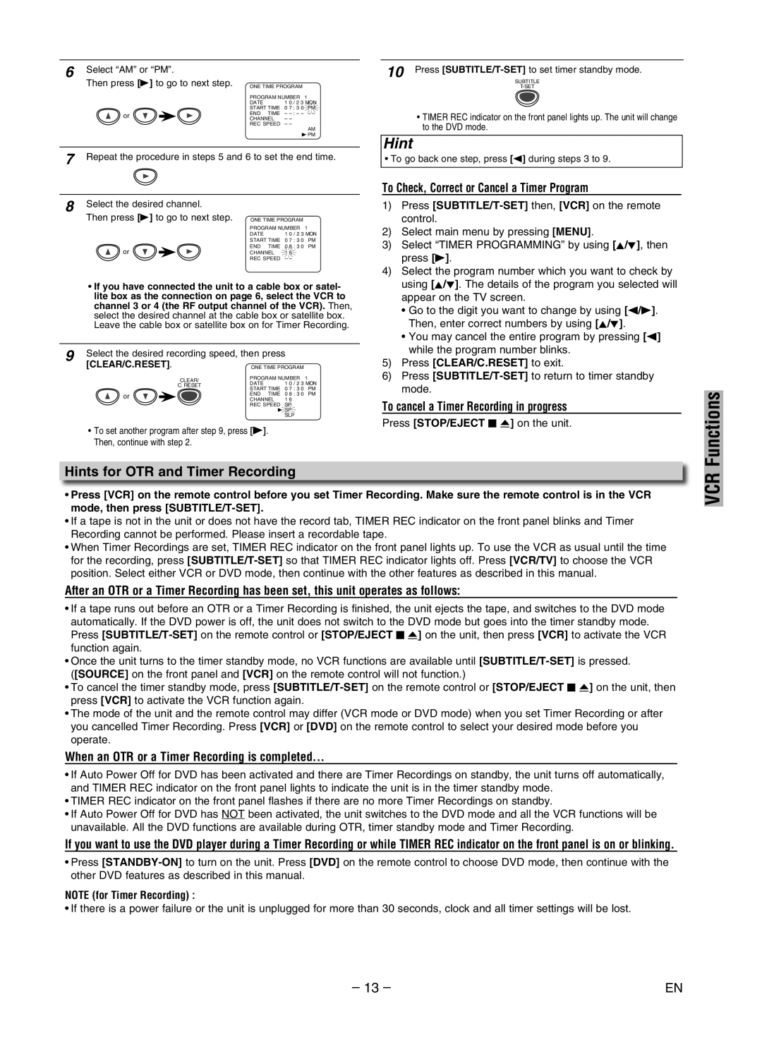 Magnavox MWD2206A owner manual Functions, Hints for OTR and Timer Recording, To Check, Correct or Cancel a Timer Program 