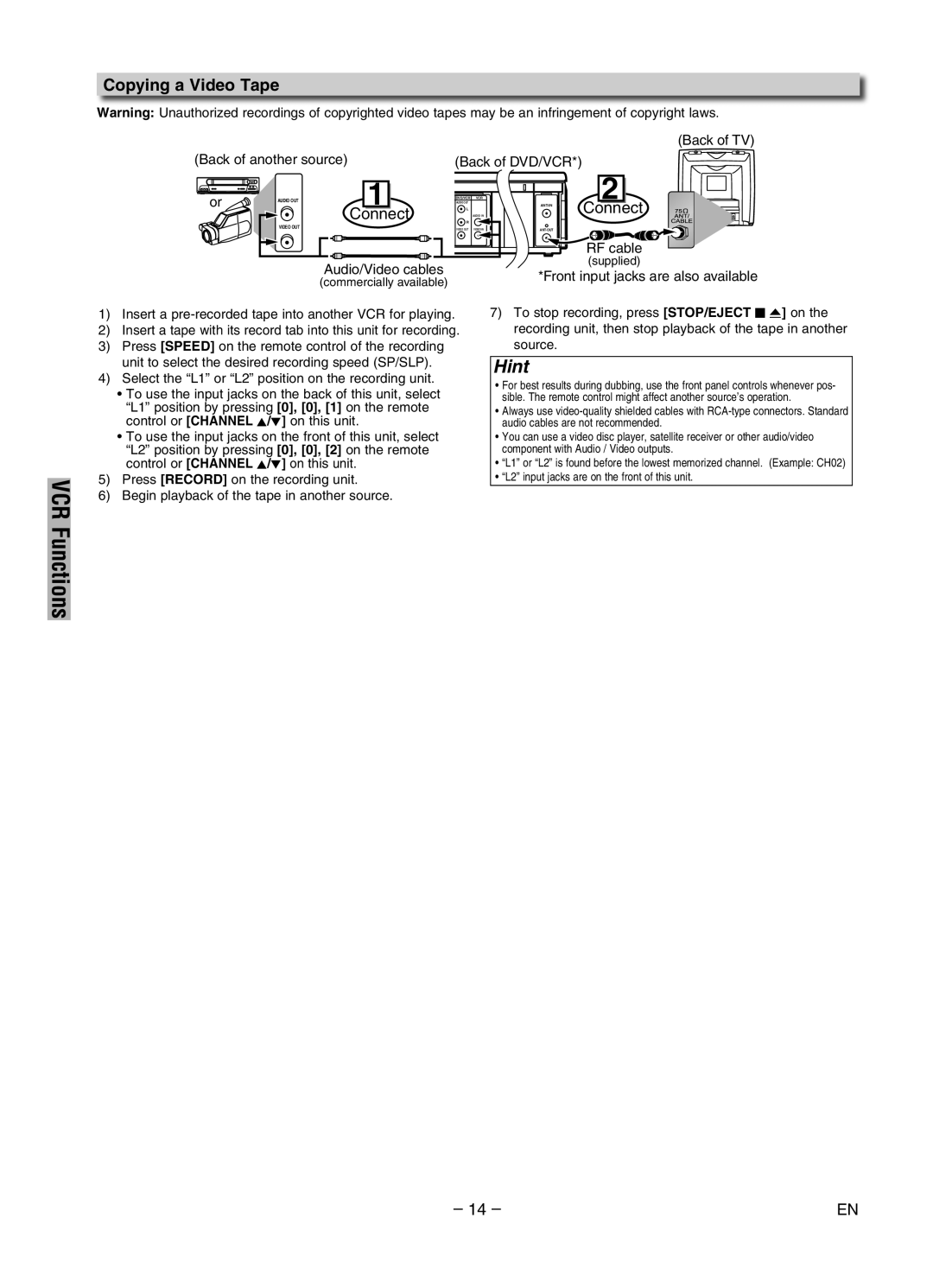 Magnavox MWD2206A owner manual Copying a Video Tape, Connect, Back of another source Back of DVD/VCR 