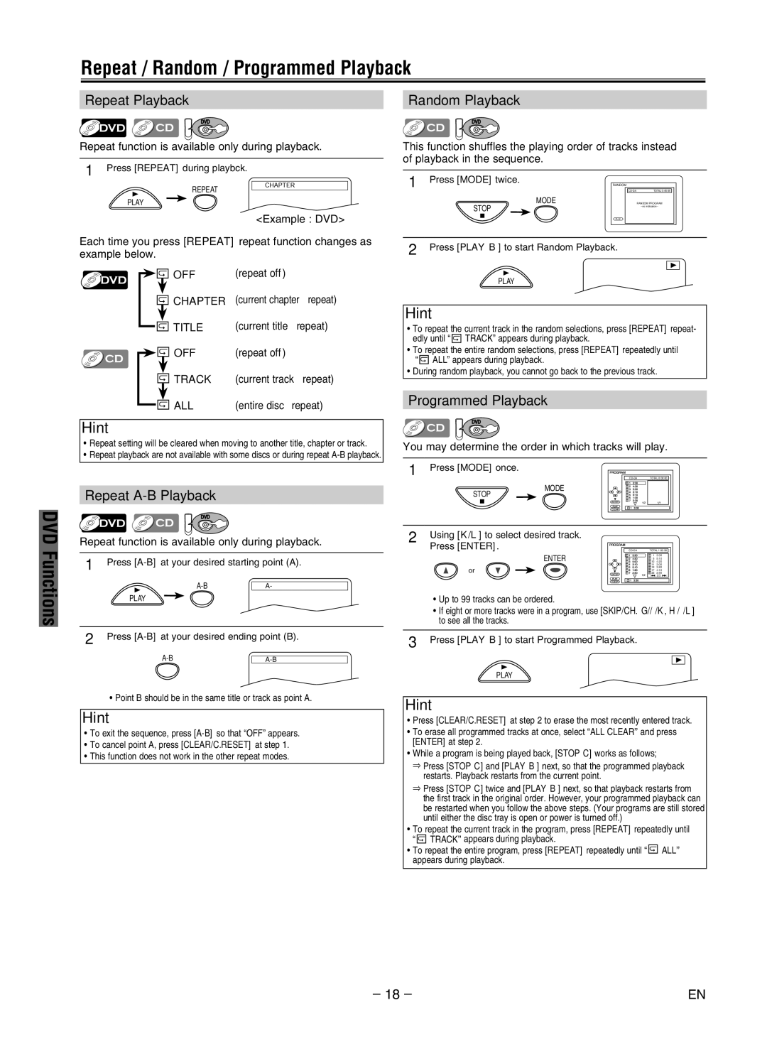 Magnavox MWD2206A owner manual Repeat / Random / Programmed Playback, Repeat Playback Random Playback, Repeat A-B Playback 