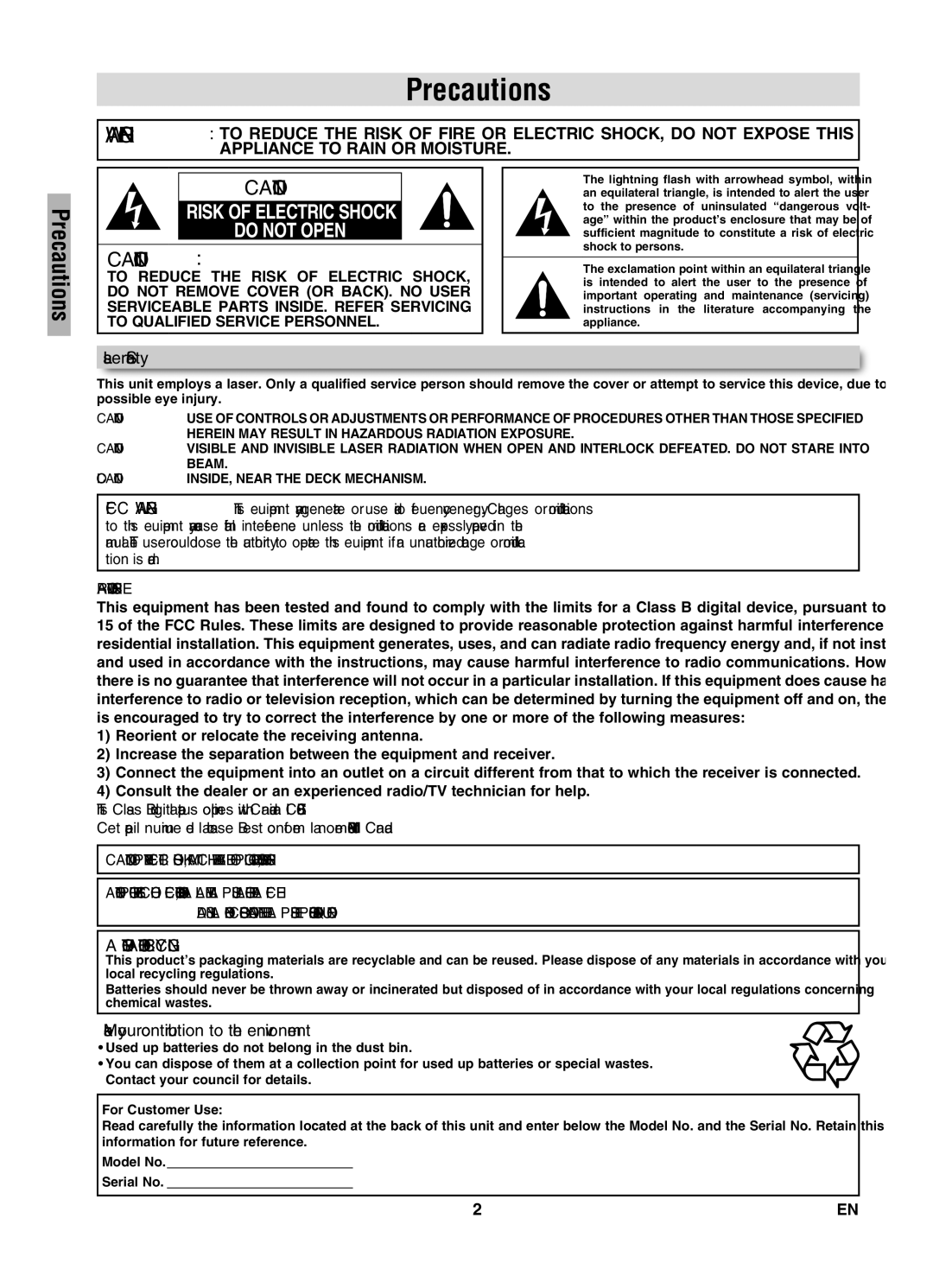 Magnavox MWD2206A owner manual Precautions, Laser Safety, Make your contribution to the environment 