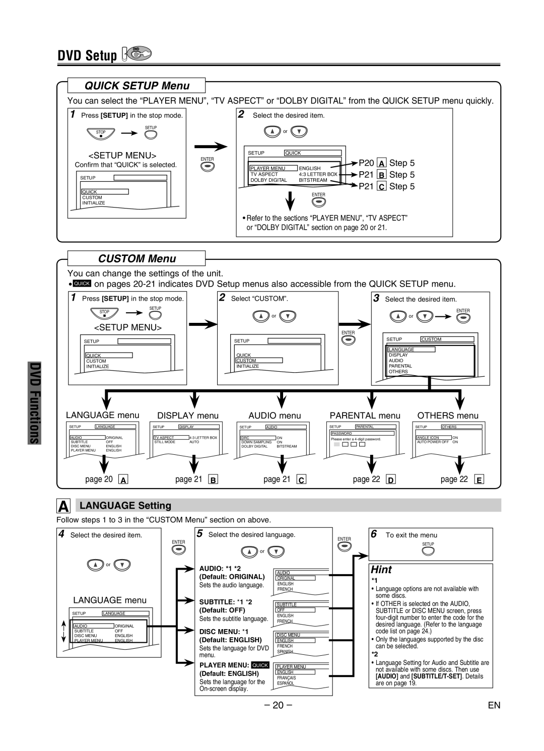 Magnavox MWD2206A owner manual DVD Setup DVD, Quick Setup Menu, Custom Menu, Language Setting 