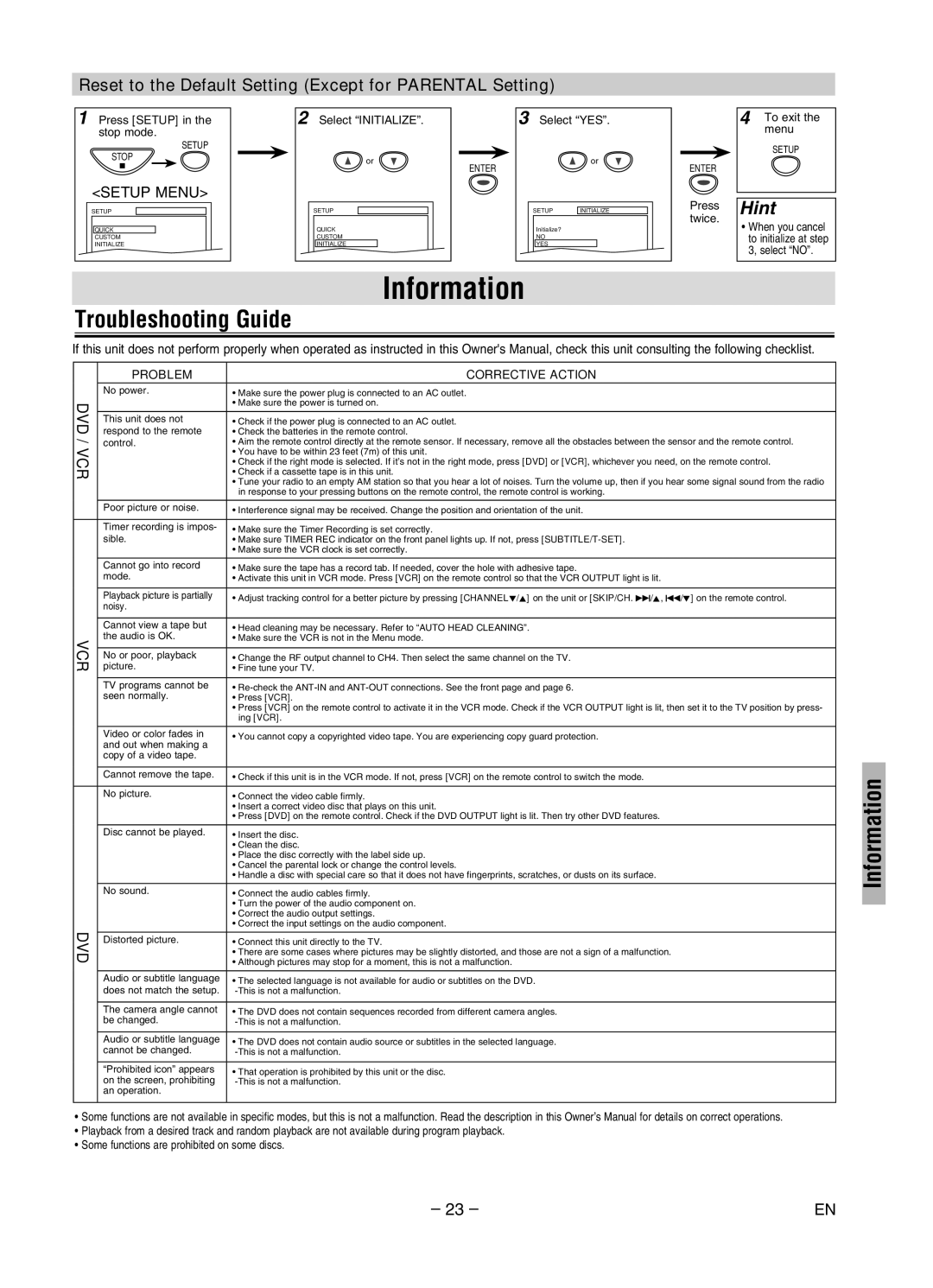 Magnavox MWD2206A owner manual Information, Troubleshooting Guide, Reset to the Default Setting Except for Parental Setting 