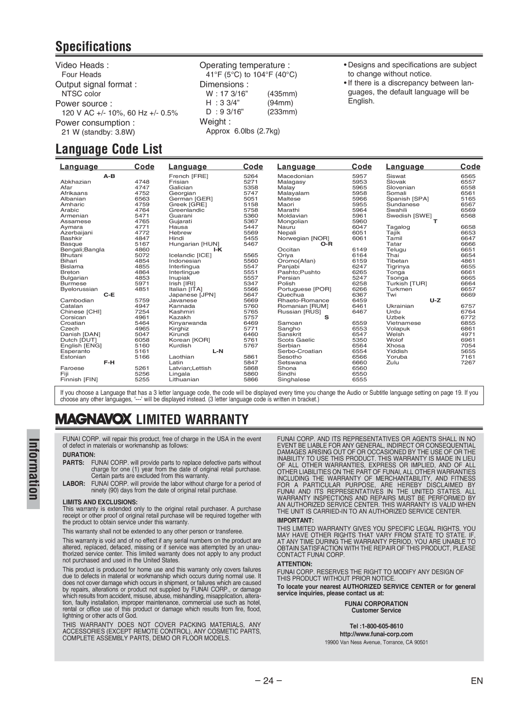 Magnavox MWD2206A owner manual Specifications, Language Code List 