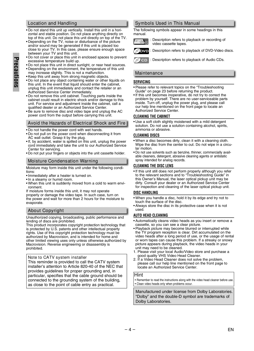 Magnavox MWD2206A Location and Handling, Avoid the Hazards of Electrical Shock and Fire, Moisture Condensation Warning 