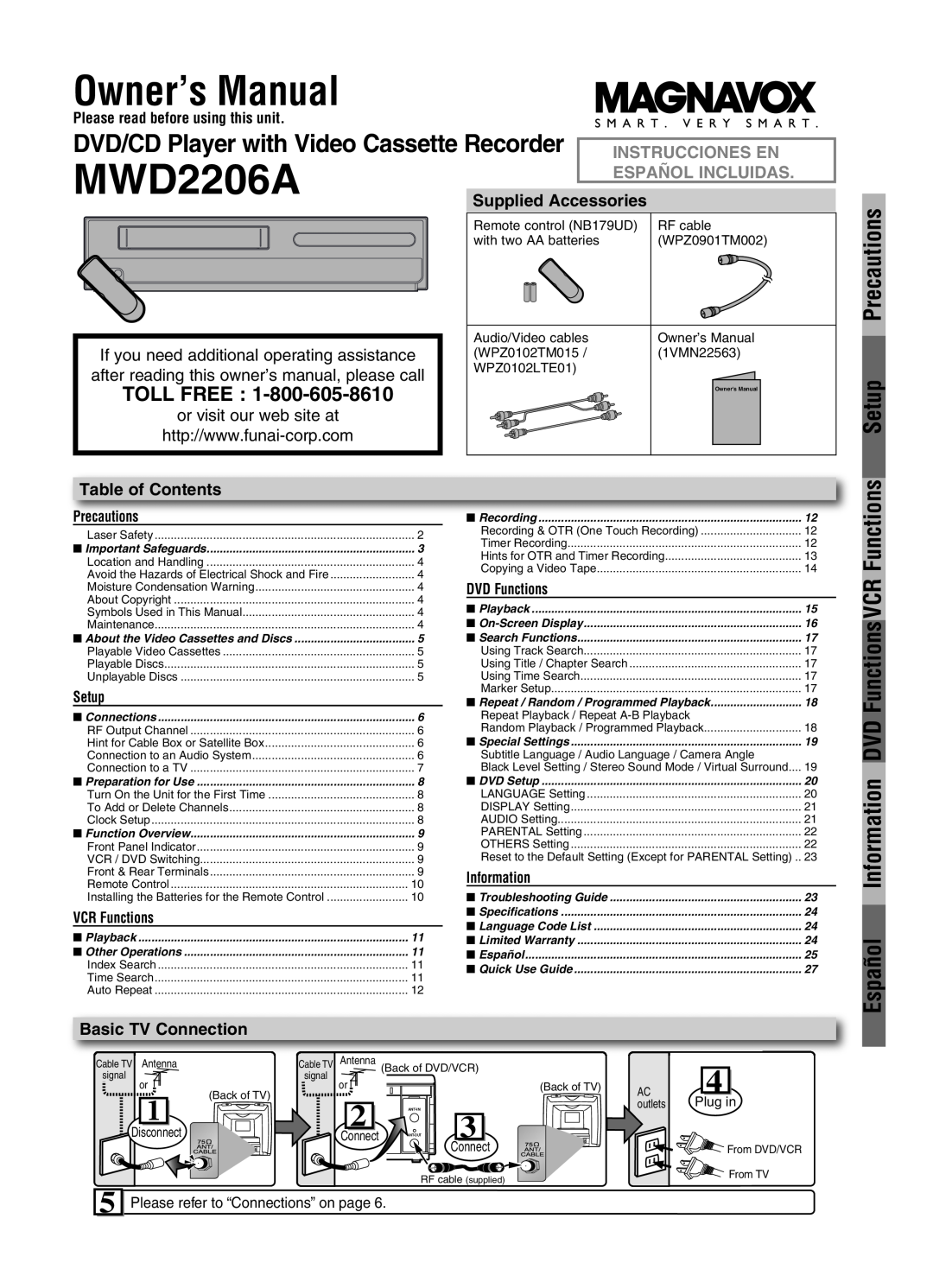Magnavox MWD2206A owner manual Owner’s Manual, Precautions, Setup, Español Information DVD Functions VCR Functions 