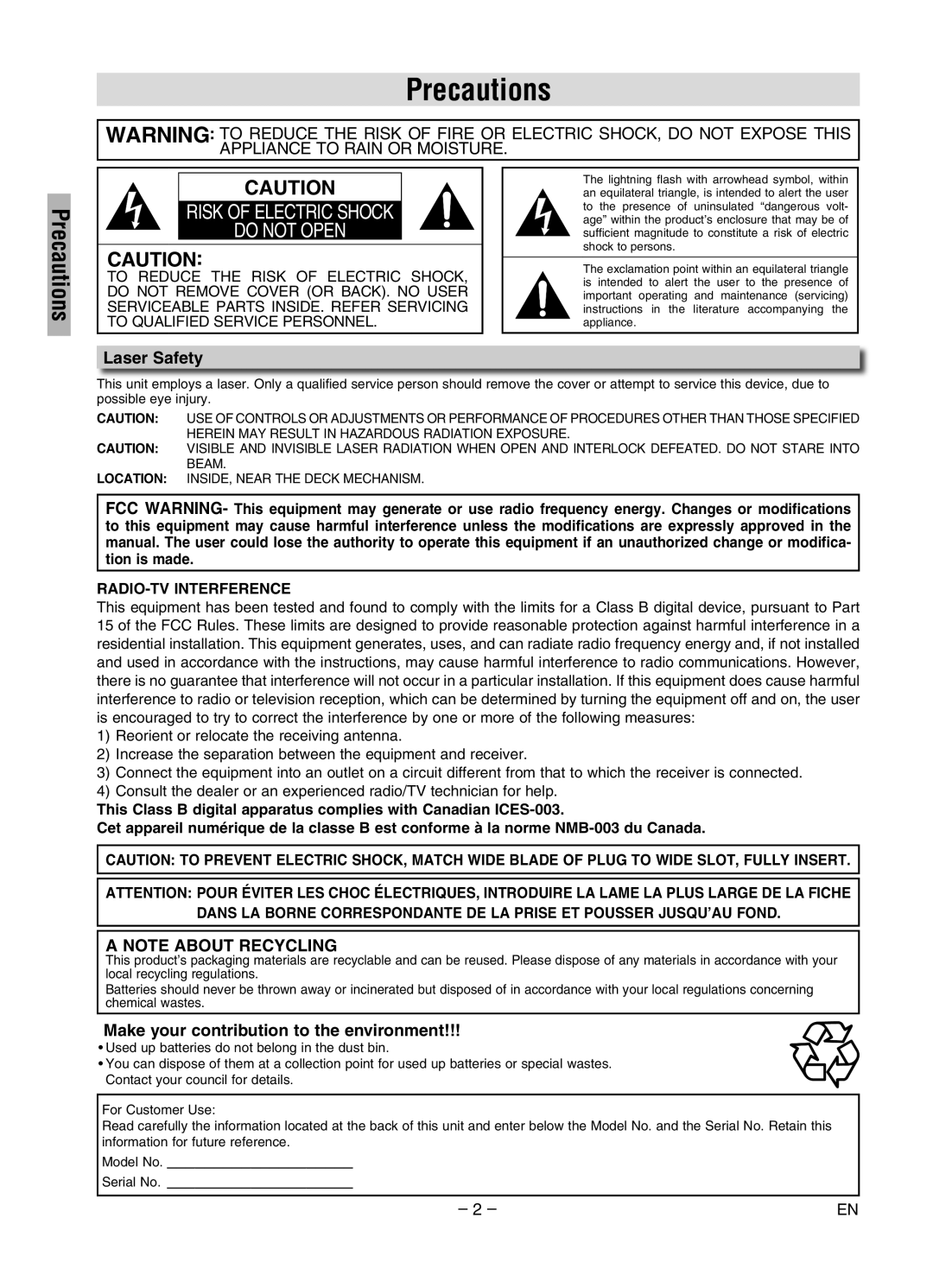 Magnavox MWD2206A owner manual Precautions, Laser Safety, A Note About Recycling, Make your contribution to the environment 
