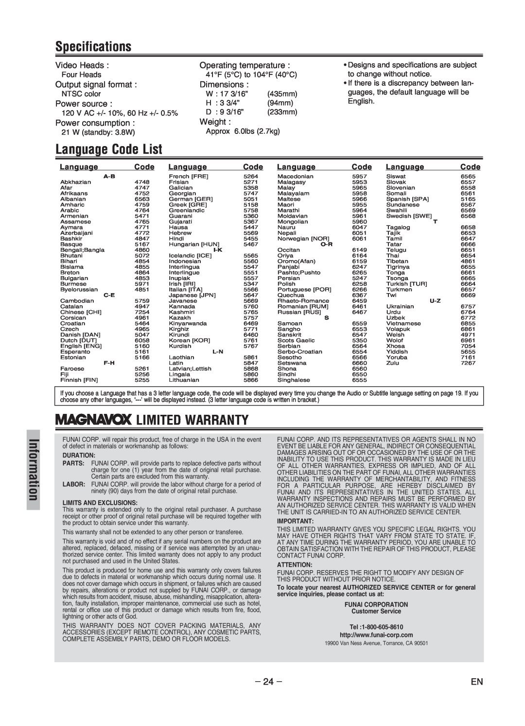Magnavox MWD2206A Specifications, Language Code List, Limited Warranty, Video Heads, Output signal format, Power source 
