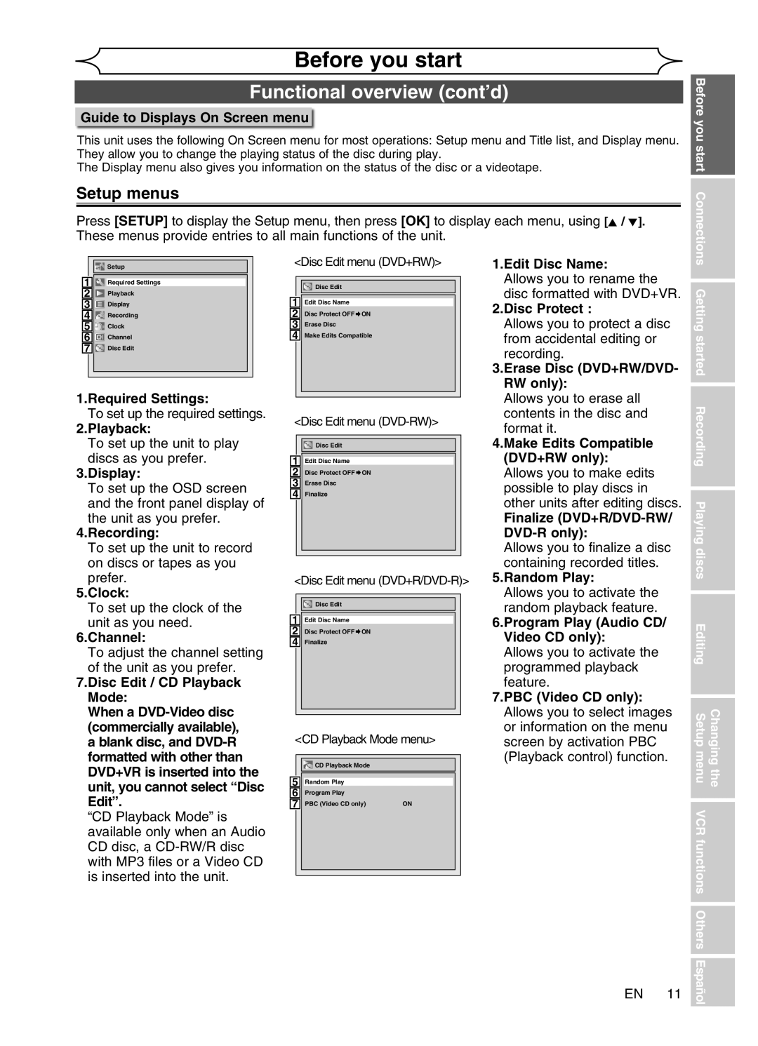 Magnavox MWR20V6 manual Setup menus 