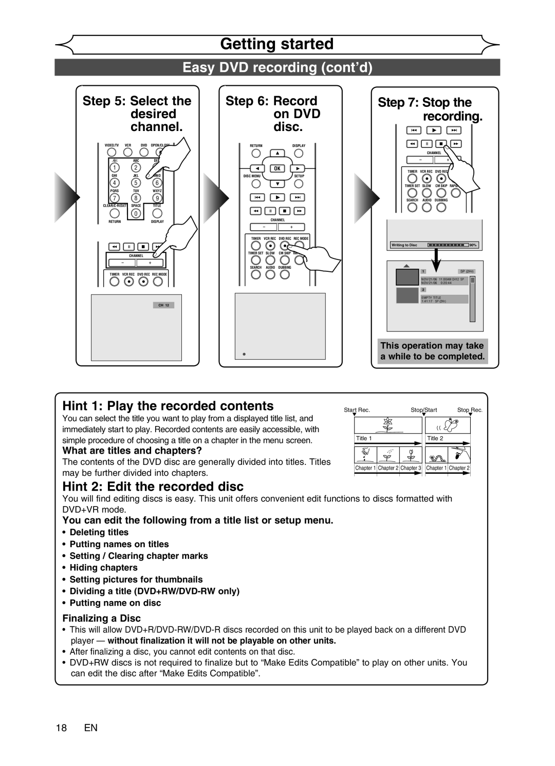 Magnavox MWR20V6 manual Easy DVD recording cont’d, Select Record Stop Desired On DVD Recording Channel Disc 