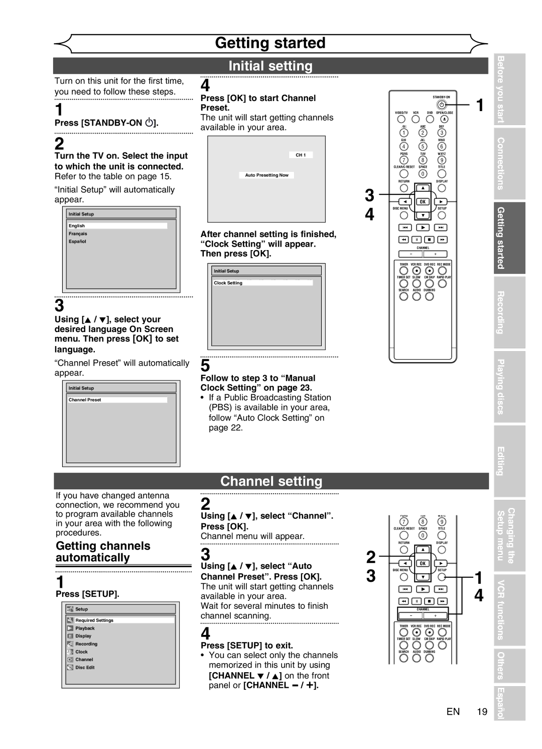 Magnavox MWR20V6 manual Initial setting, Channel setting, Getting channels automatically, You 