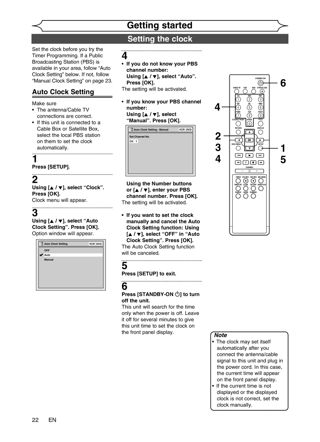 Magnavox MWR20V6 manual Setting the clock, Auto Clock Setting, 22 EN, Using K / L, select Clock. Press OK 