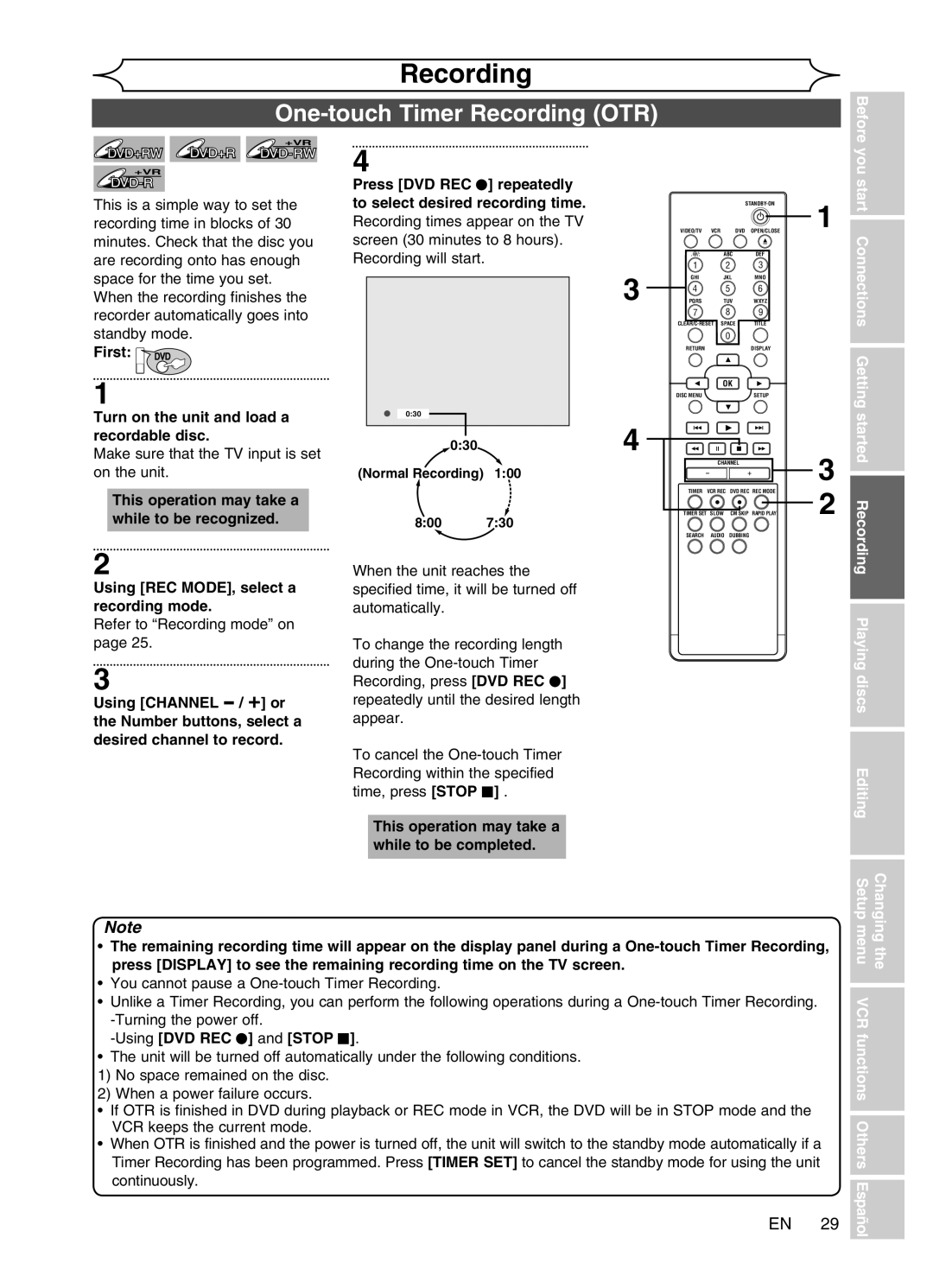 Magnavox MWR20V6 Press DVD REC I repeatedly, Recording time in blocks Recording times appear on the TV, Standby mode First 