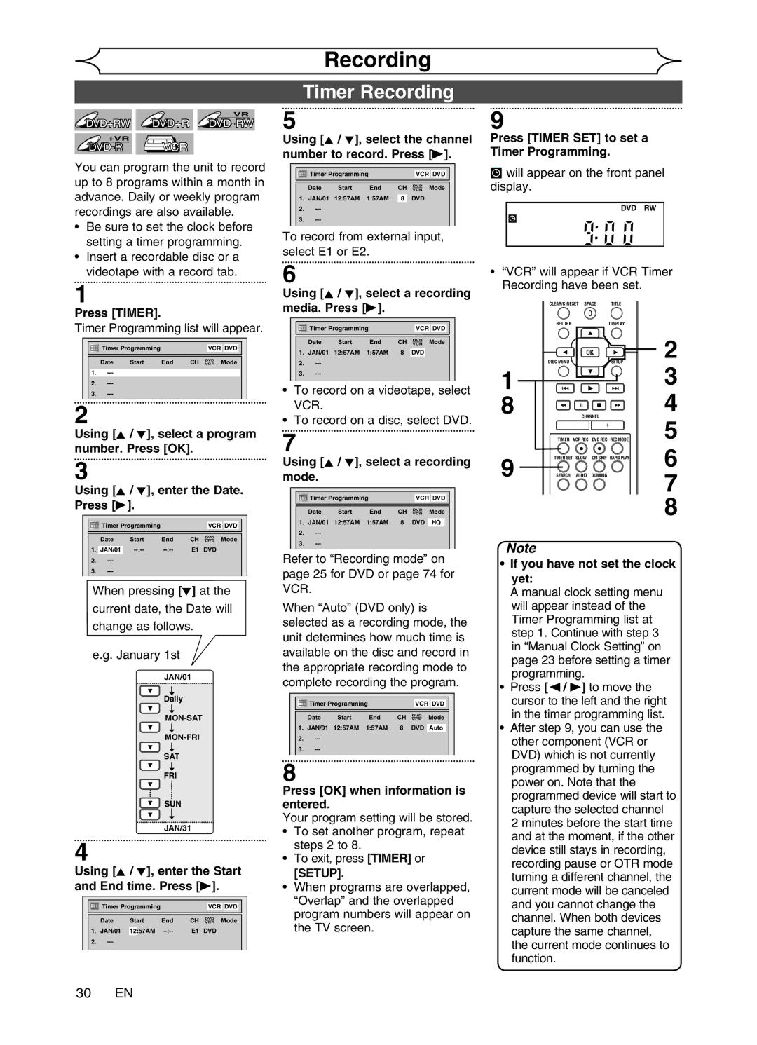 Magnavox MWR20V6 manual Timer Recording, 30 EN, Setup 