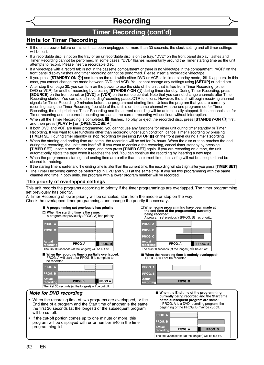 Magnavox MWR20V6 manual Hints for Timer Recording, Priority of overlapped settings, 32 EN 