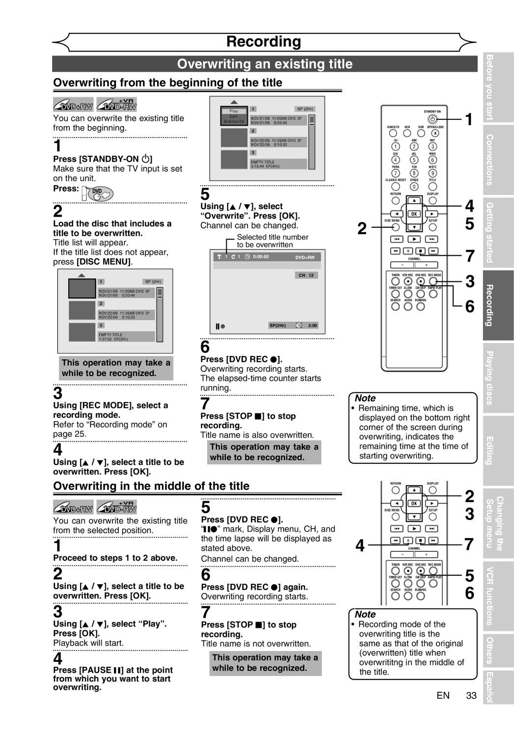 Magnavox MWR20V6 manual Overwriting an existing title, Overwriting from the beginning of the title 